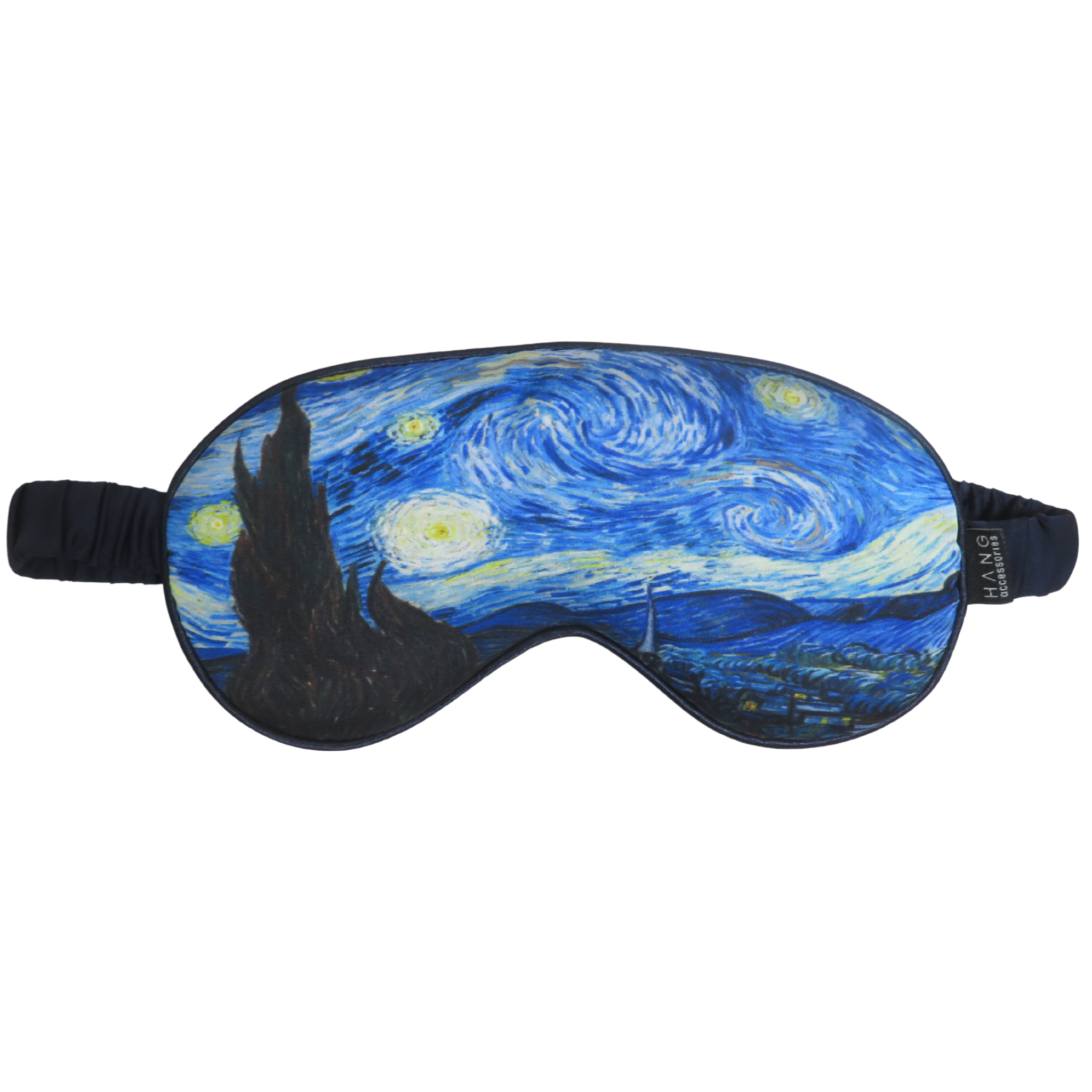Starry Night satin sleep mask with a navy elastic strap