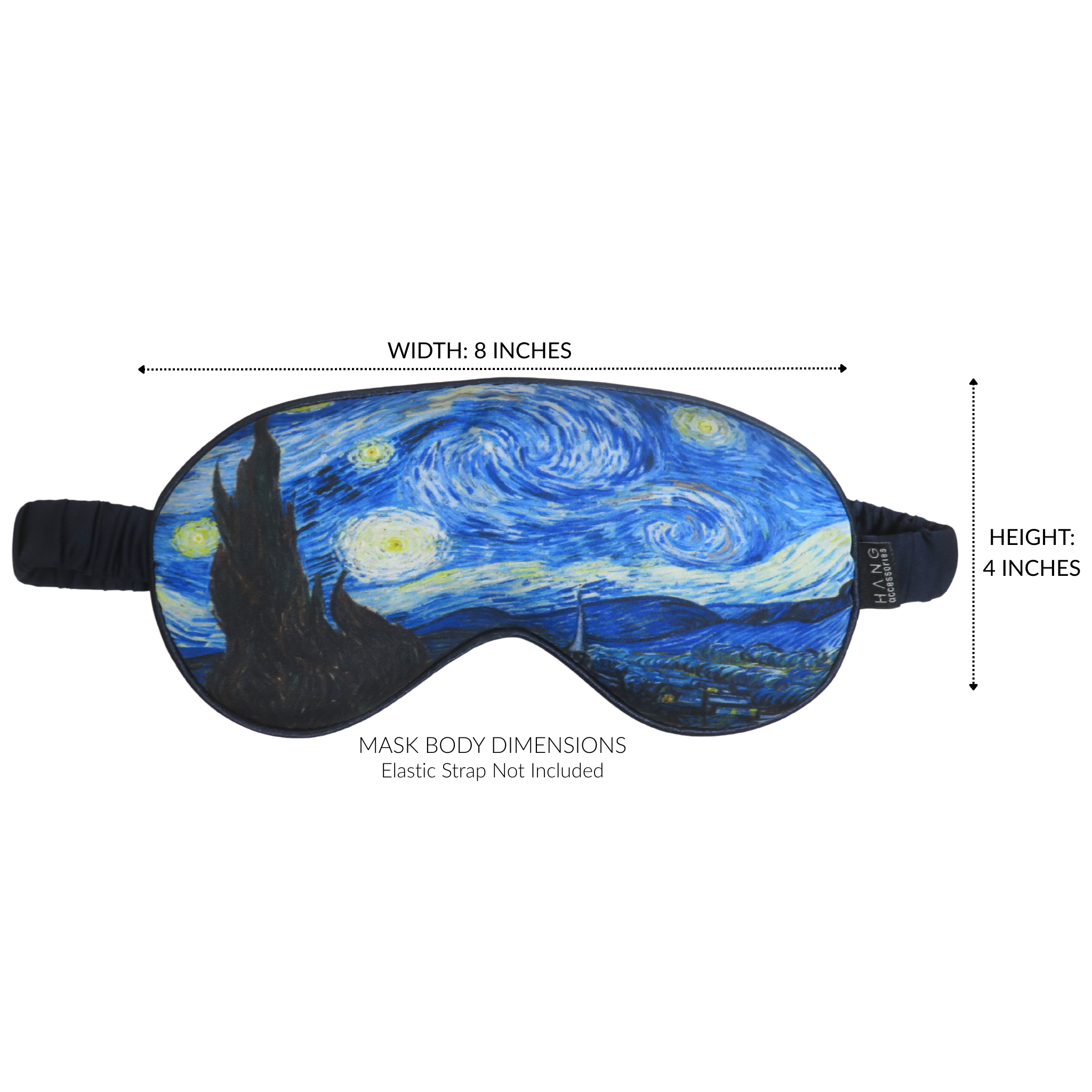 Starry Night sleep mask dimensions measuring 8 inches wide by 4 inches high