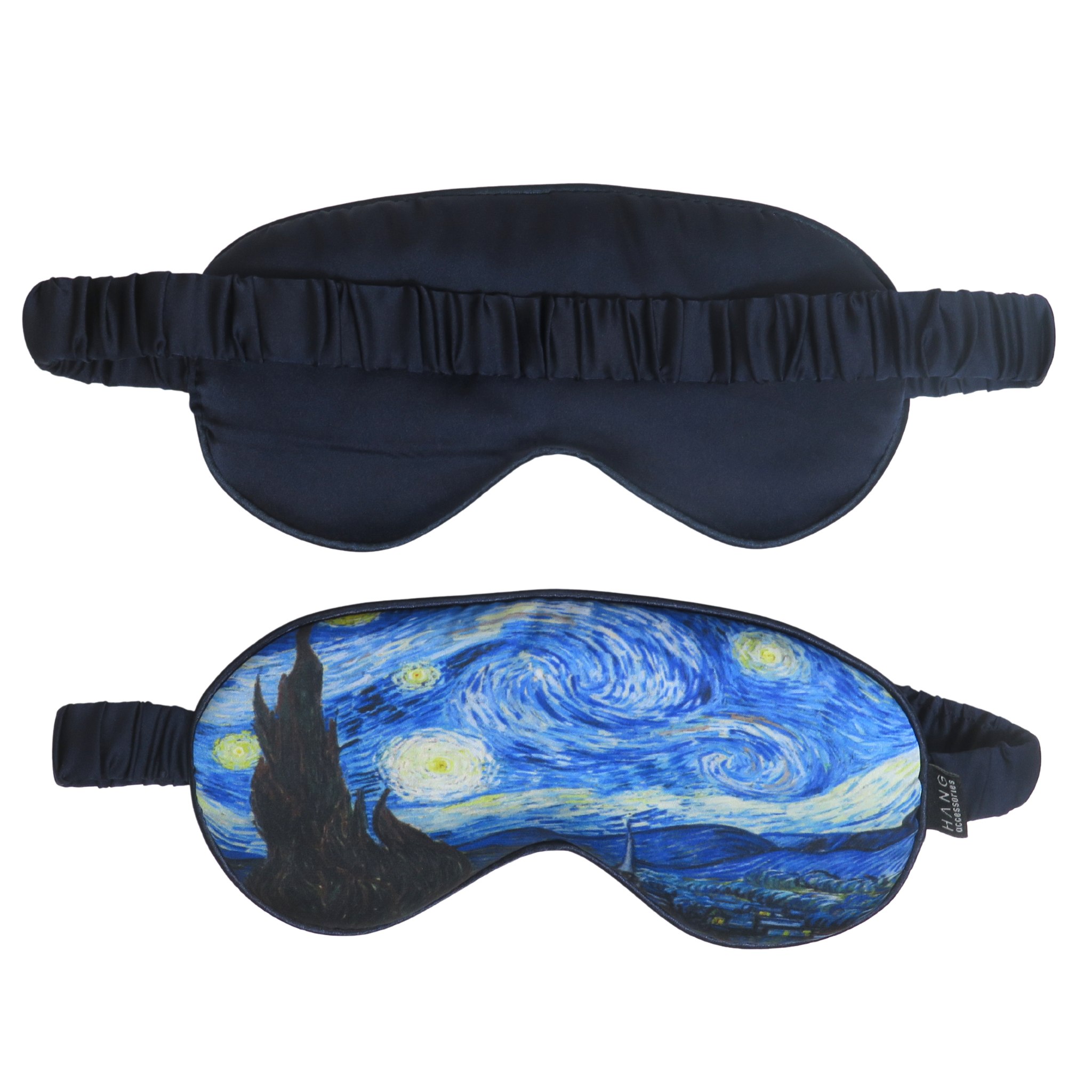 Two sleep masks shown on a plain white background: one plain dark navy mask above, and one matching mask below printed with Van Gogh&