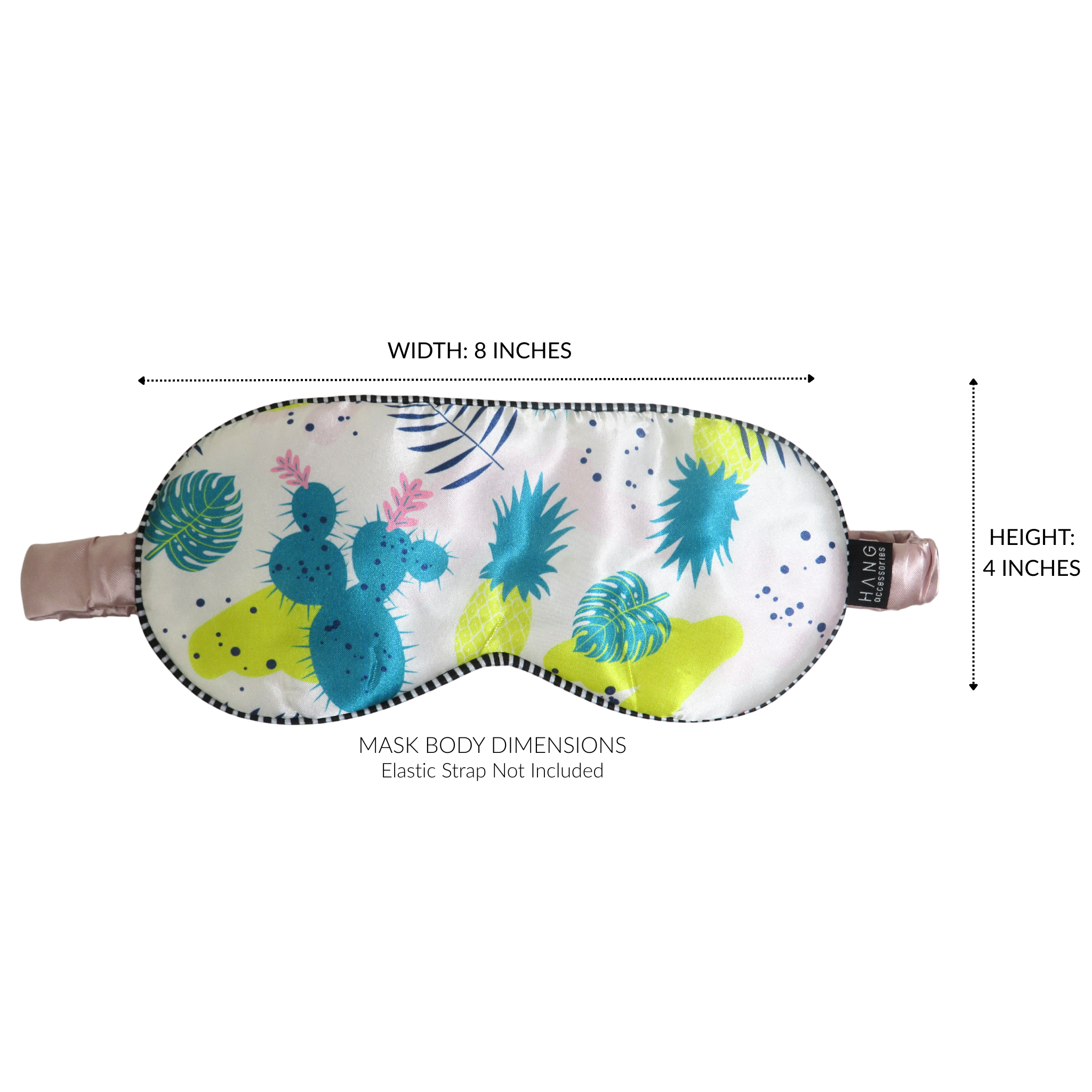 A sleep mask with a colorful tropical and cactus print, shown with dimension lines indicating a width of 8 inches and a height of 4 inches. The mask features a white base with blue, green, and yellow botanical patterns, and has pinkish-beige elastic straps on either side.