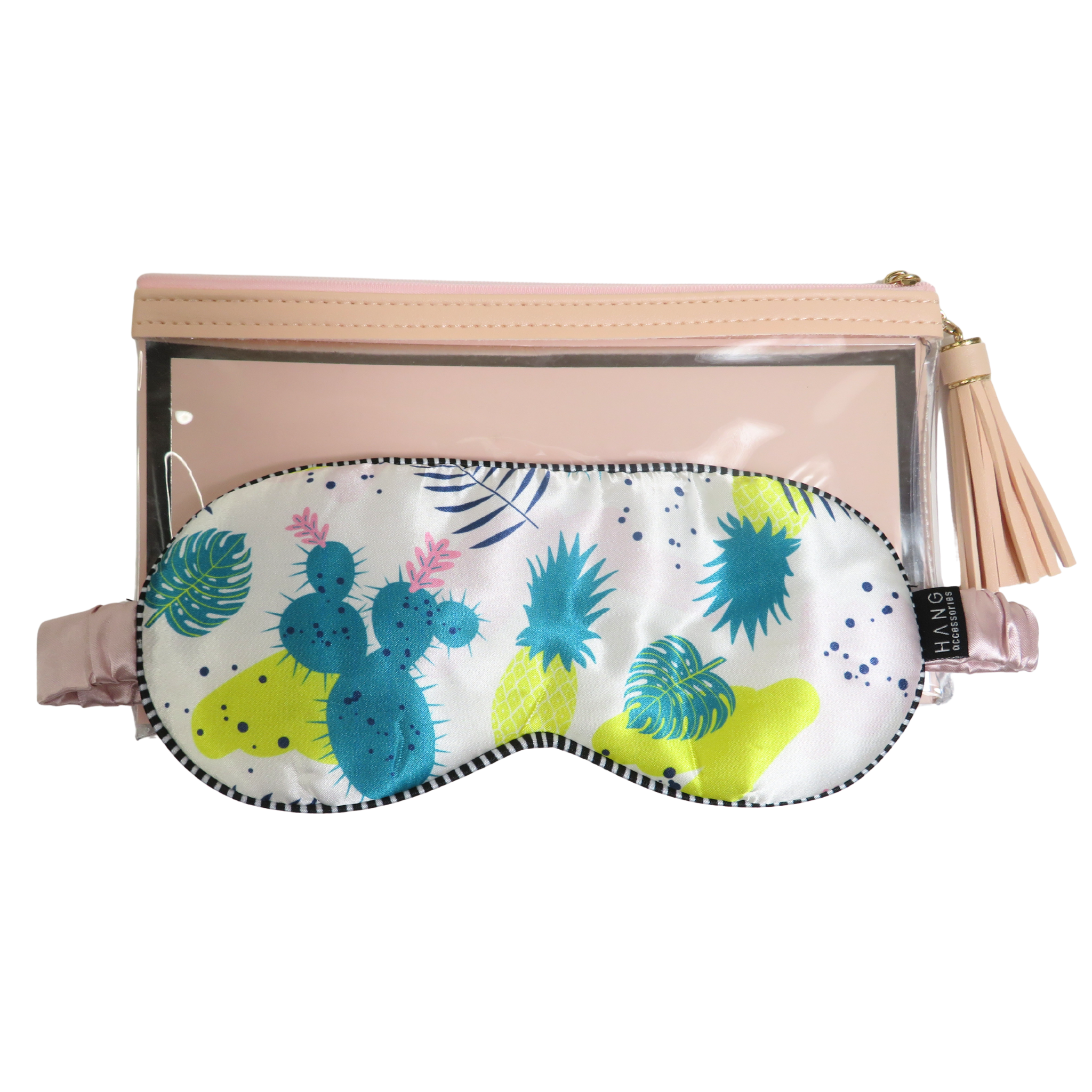 A travel pouch with a matching sleep mask. The pouch is light pink faux leather with a clear front window and a tassel zipper pull.