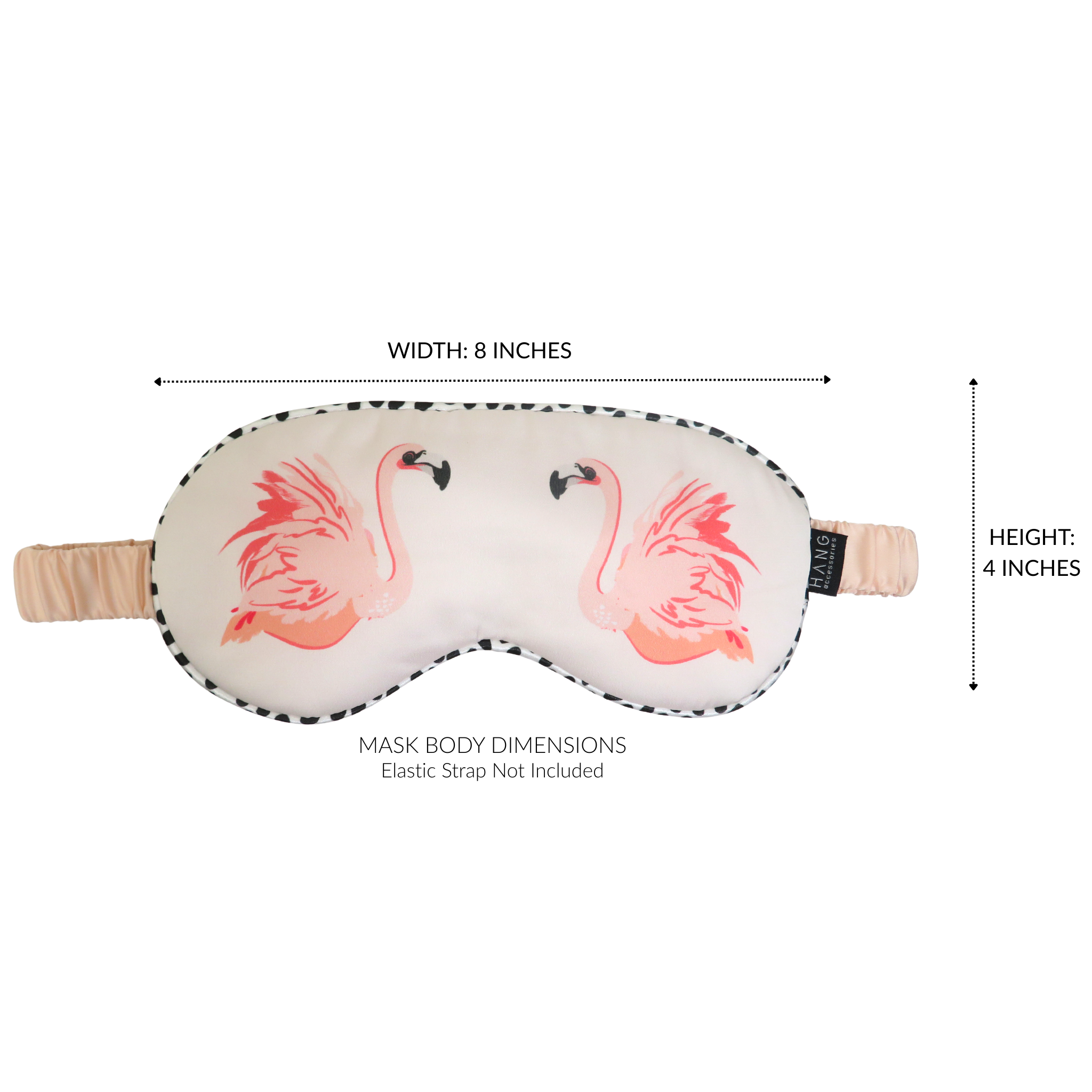 A sleep mask with a white background and two pink flamingo illustrations, shown with dimension lines indicating a width of 8 inches and a height of 4 inches. 