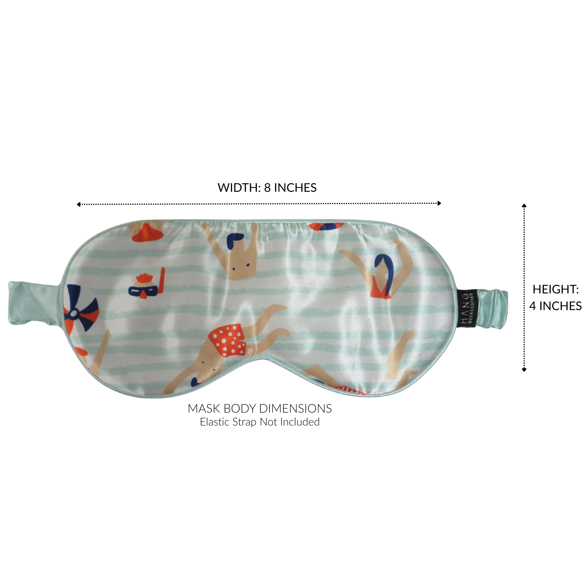 A sleep mask with a striped and patterned design, shown with dimension lines indicating a width of 8 inches and a height of 4 inches on a white background.