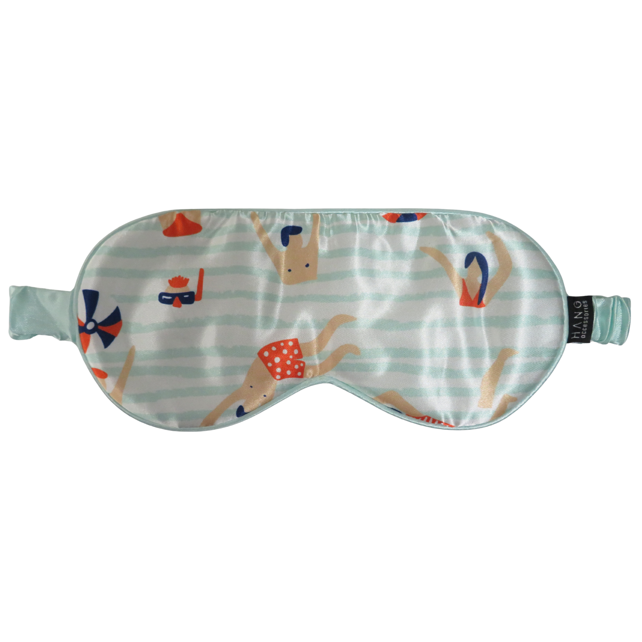 A mint blue and white striped sleep mask with a playful pattern of cartoon figures and a beach ball, featuring a matching elastic strap.