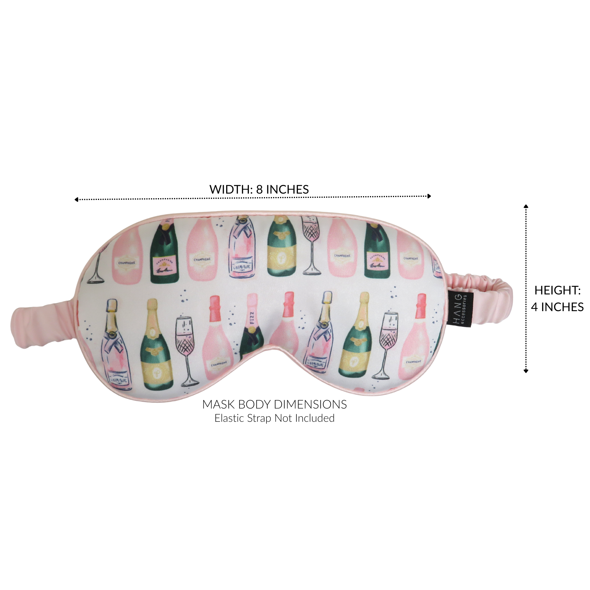 A sleep mask with a champagne bottle and glass pattern on a white background, shown with dimension lines indicating a width of 8 inches and a height of 4 inches.