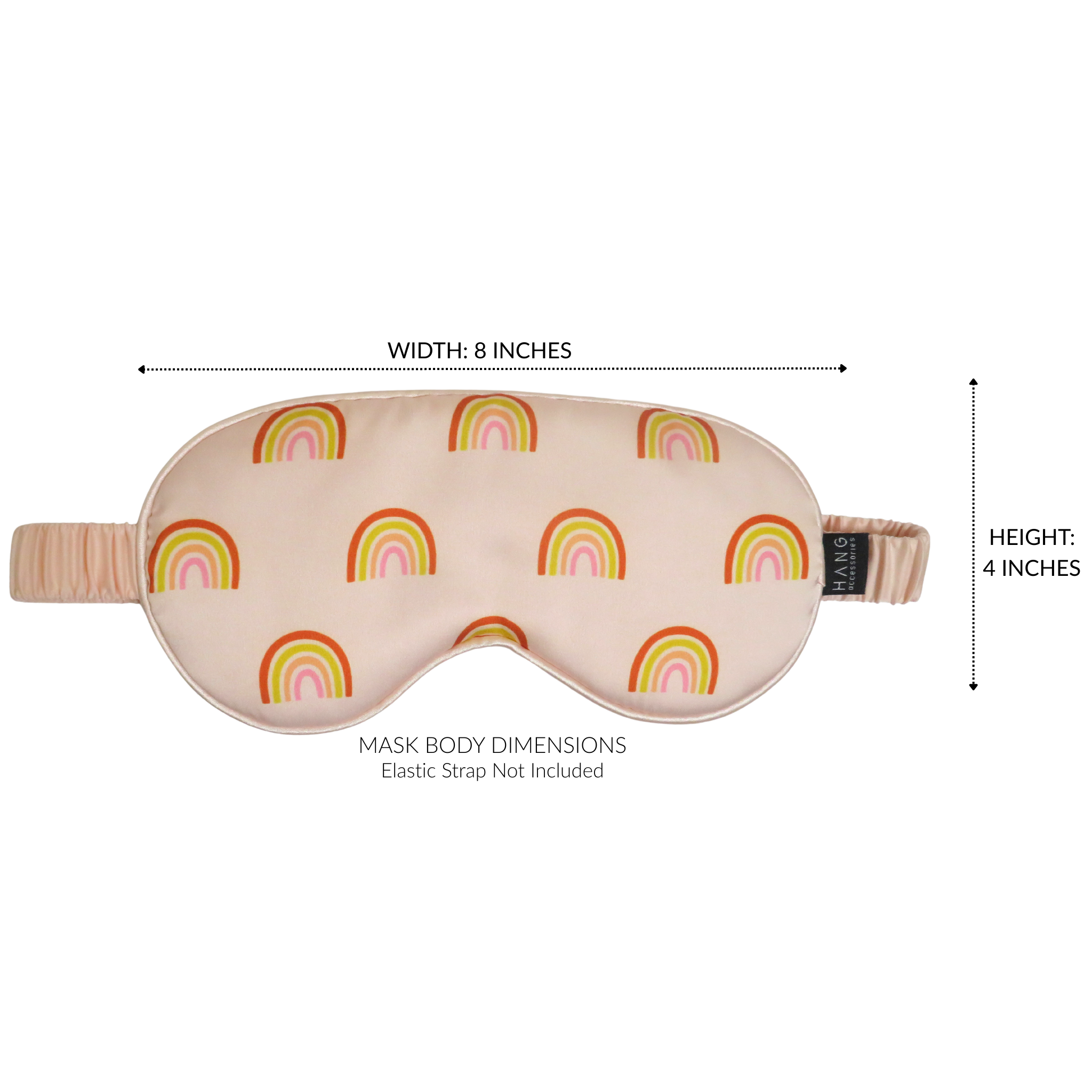 A sleep mask with a pastel rainbow pattern on a light pink background, shown with dimension lines indicating a width of 8 inches and a height of 4 inches. The mask features a soft pink and beige striped elastic strap.