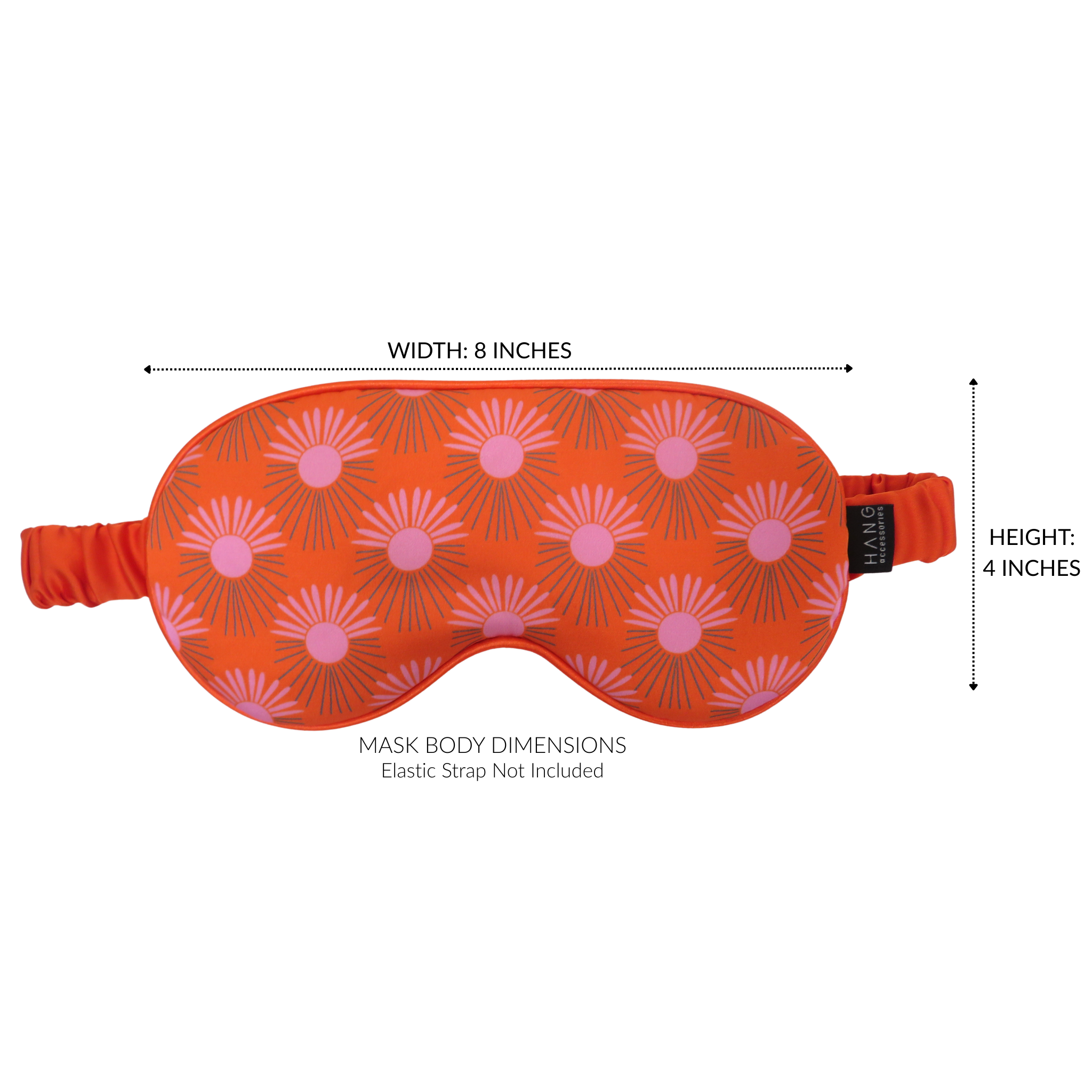 An orange sleep mask with a pink sunburst pattern, shown with dimension lines indicating a width of 8 inches and a height of 4 inches on a white background.