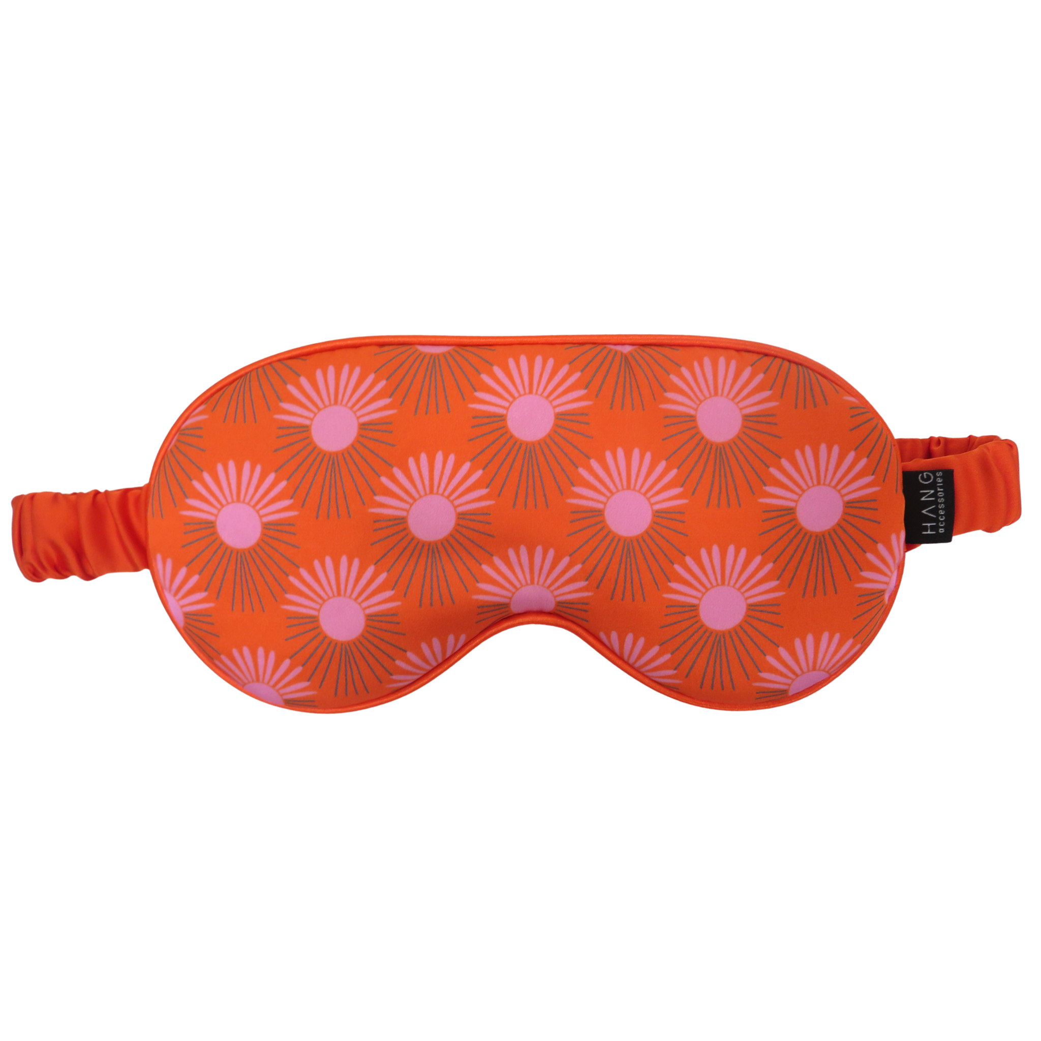 Burning Sun satin sleep mask with orange and pink sunburst print