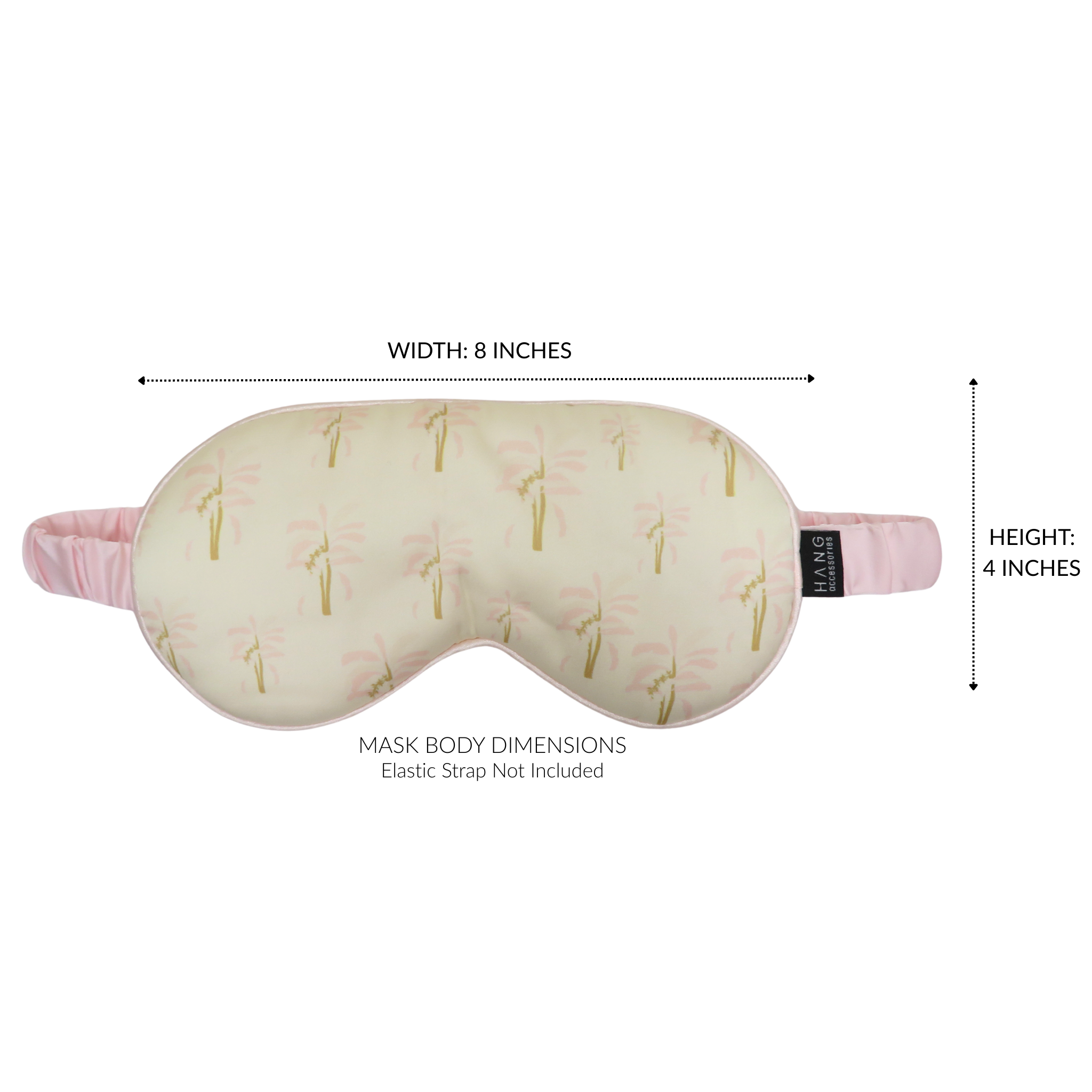 A sleep mask with a cream-colored body featuring a light pink and olive green botanical pattern, shown with dimension lines indicating a width of 8 inches and a height of 4 inches.