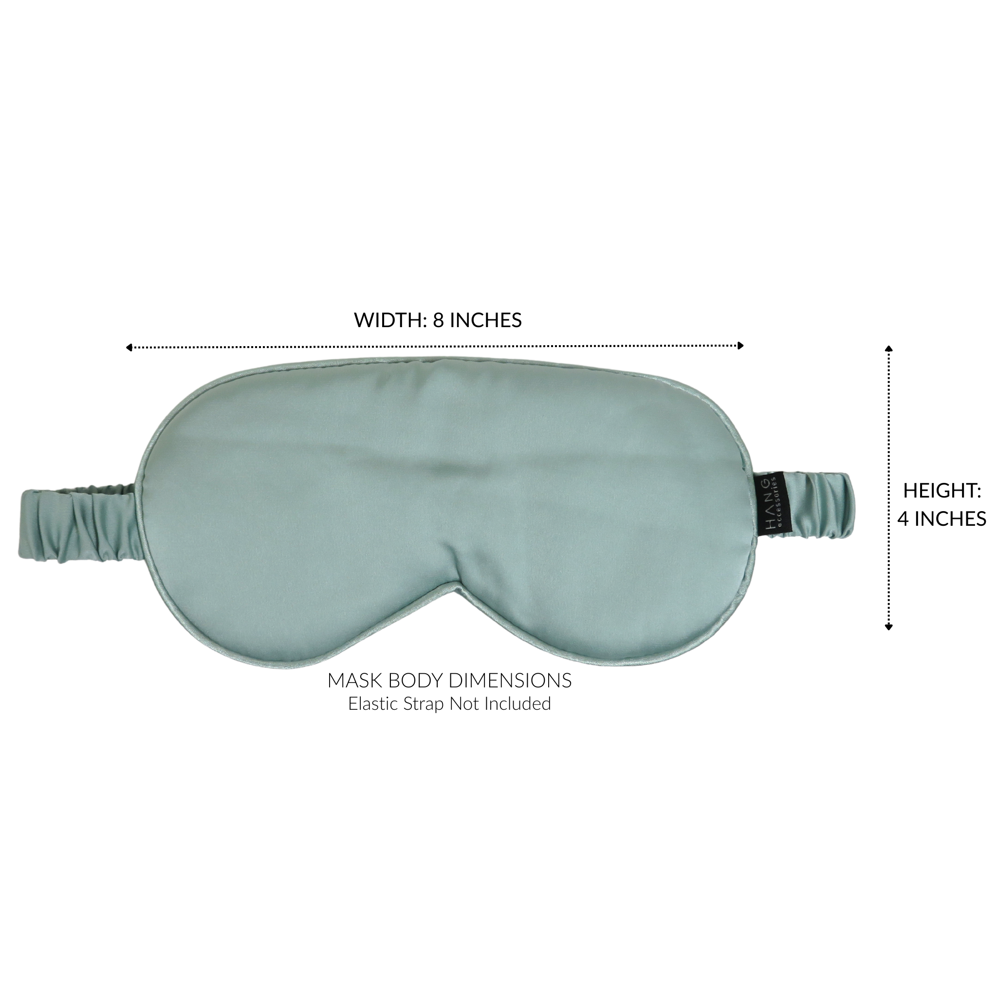 A sage green sleep mask with dimension markings showing a width of 8 inches and a height of 4 inches, on a plain white background.