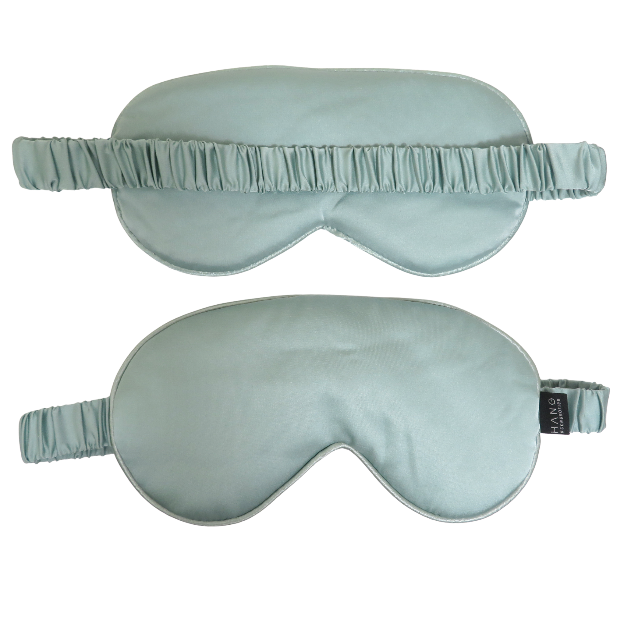 Two sage green satin sleep masks shown on a plain white background, one above the other. 