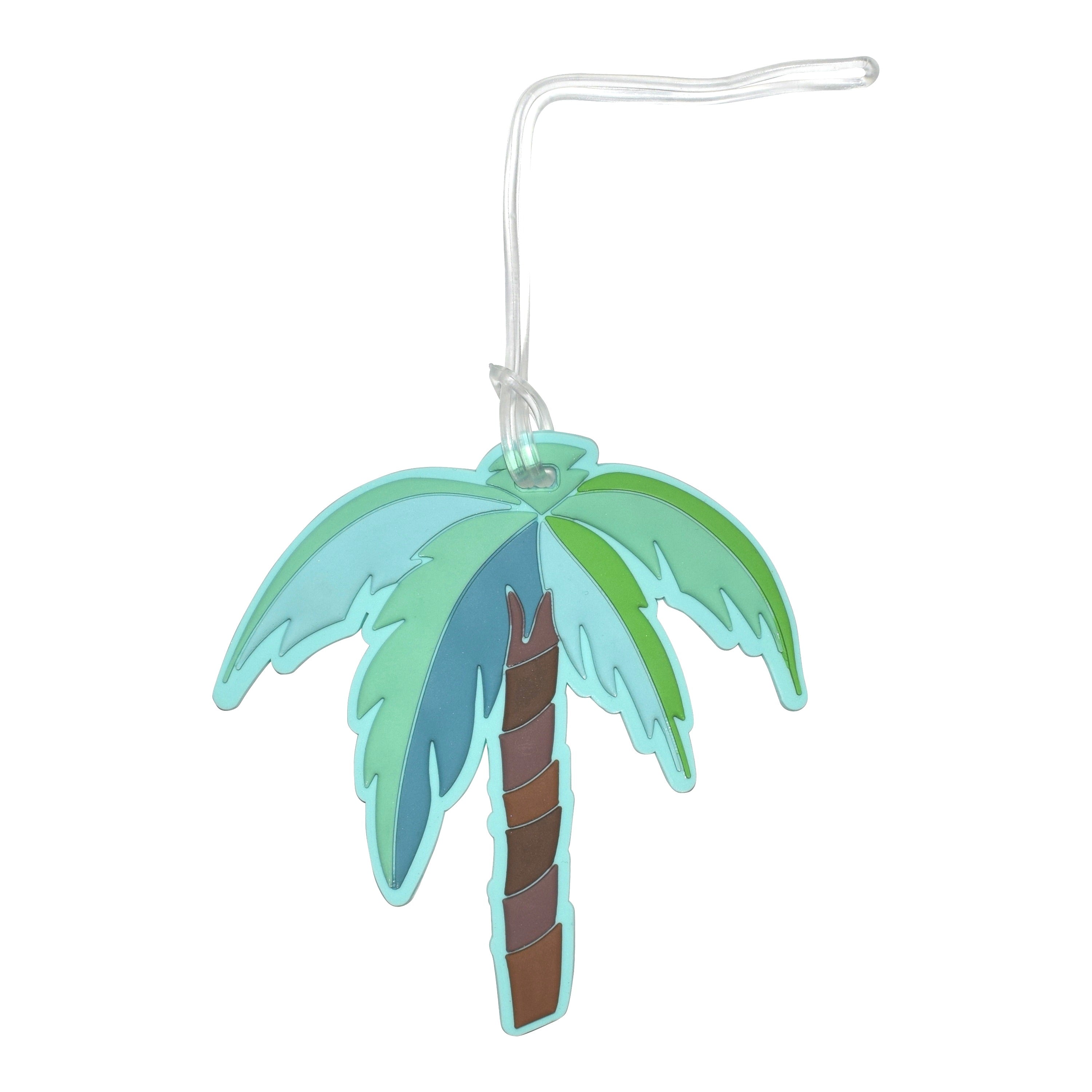 Palm tree silicone luggage tag in green, turquoise, and brown with a clear attachment loop
