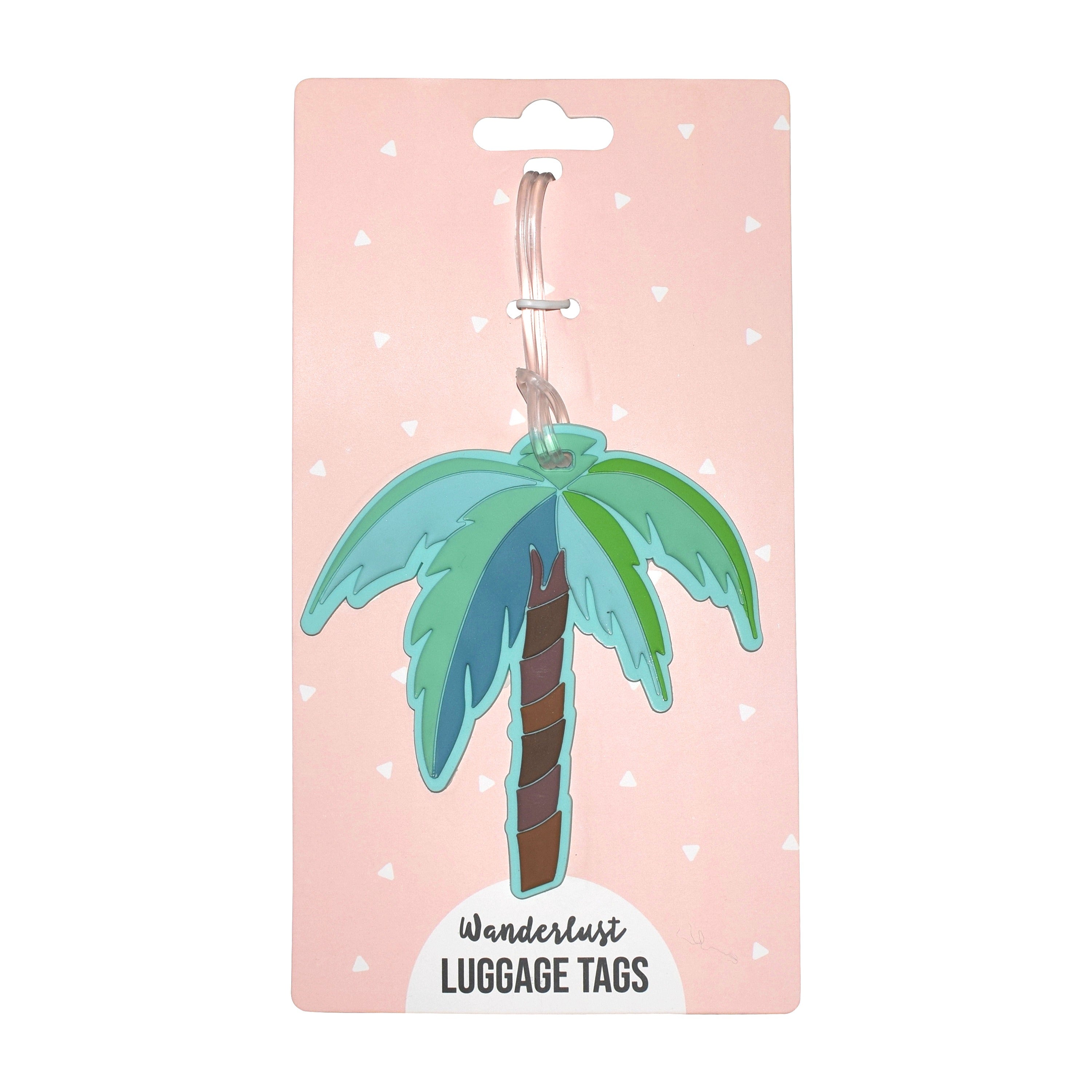 Palm tree silicone luggage tag displayed on pink Wanderlust retail packaging