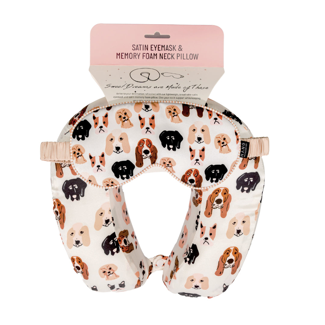 Dog Satin Memory Foam Neck Pillow and Satin Eye Mask Set