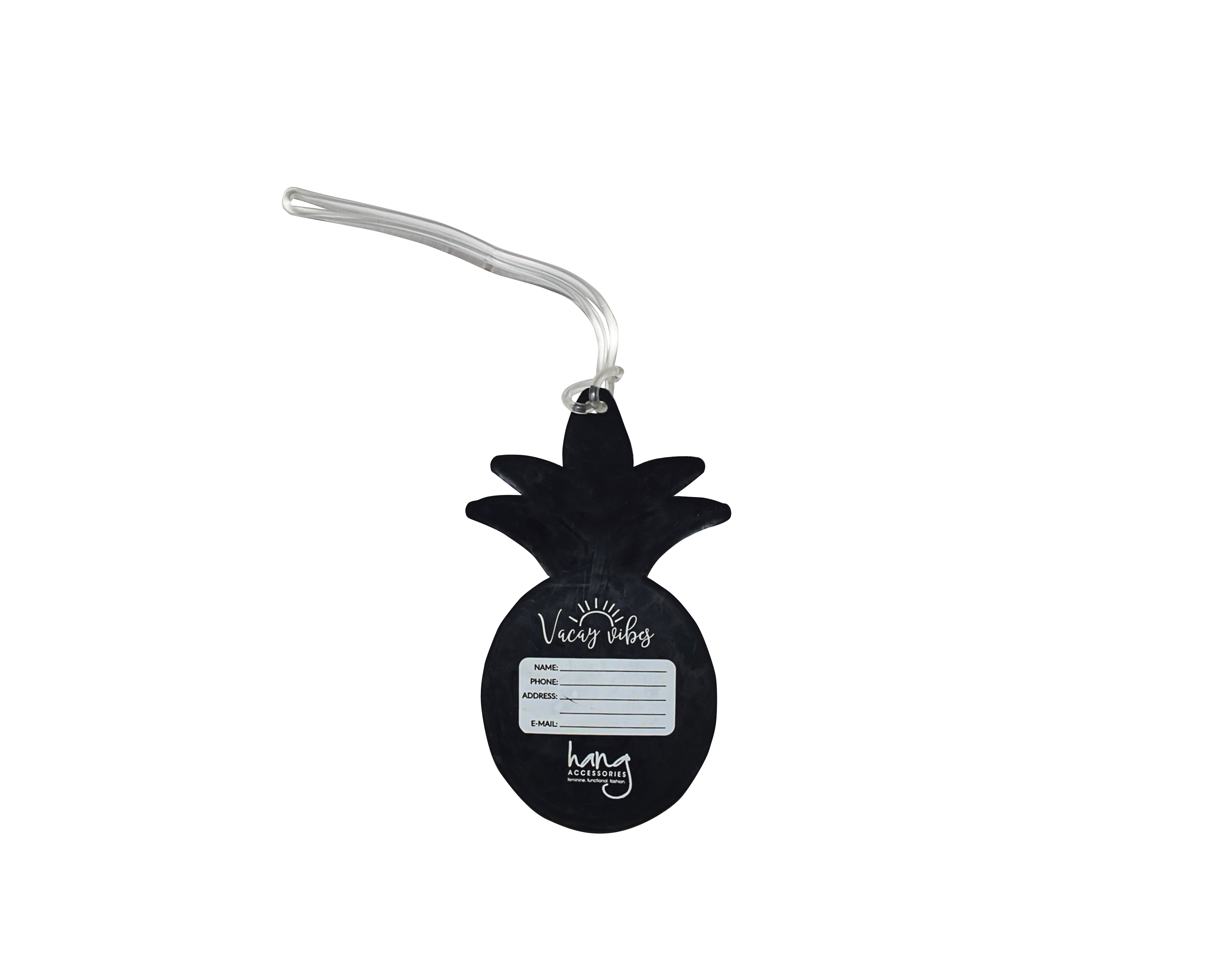 Back of pineapple-shaped silicone luggage tag with traveler contact information label