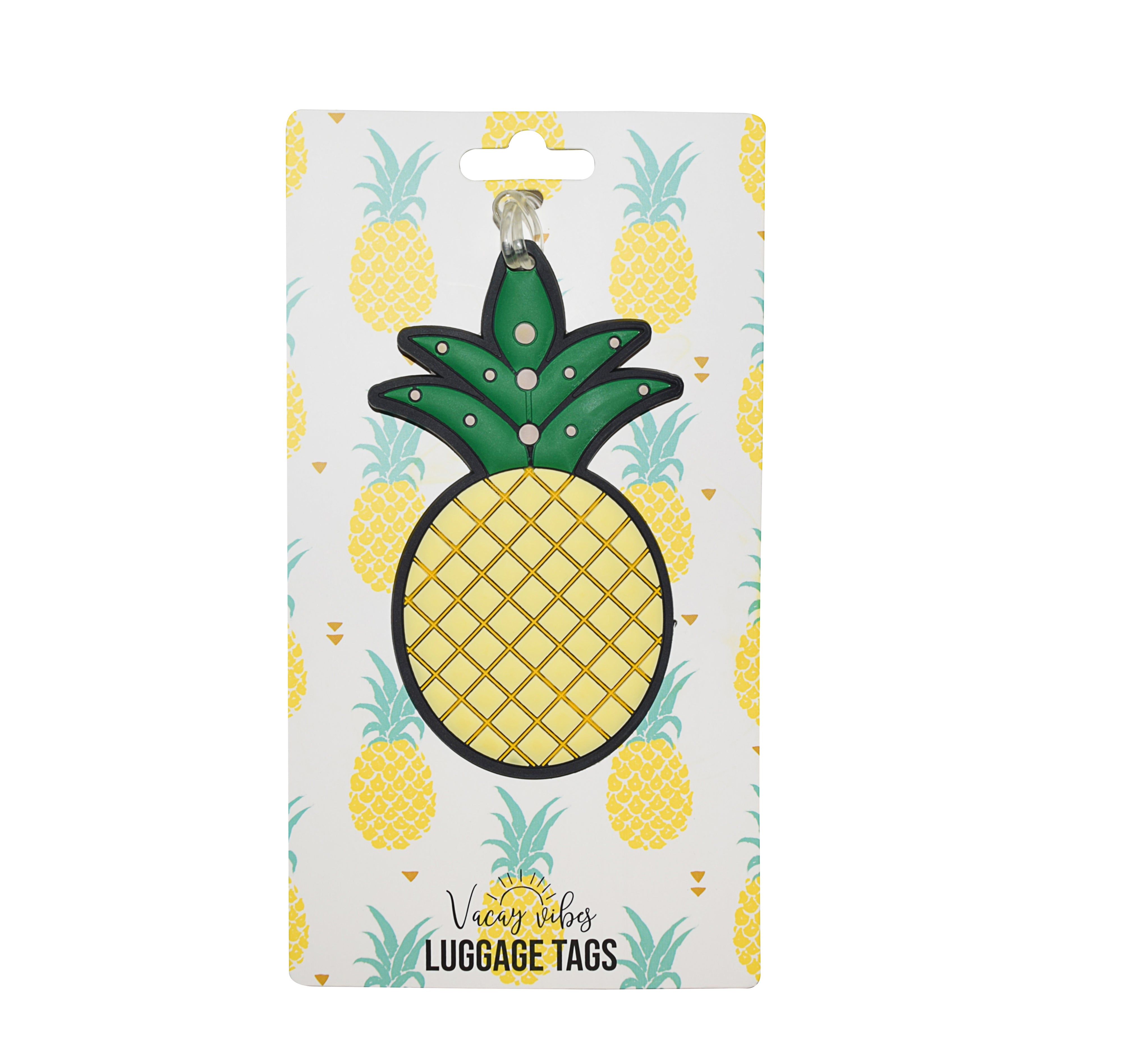 Yellow pineapple silicone luggage tag displayed on Vacay Vibes retail packaging