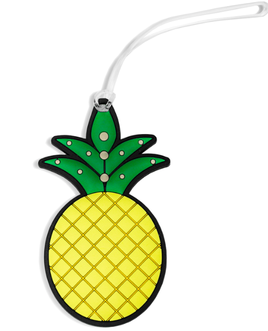 Yellow pineapple silicone luggage tag with green leaves and clear attachment loop