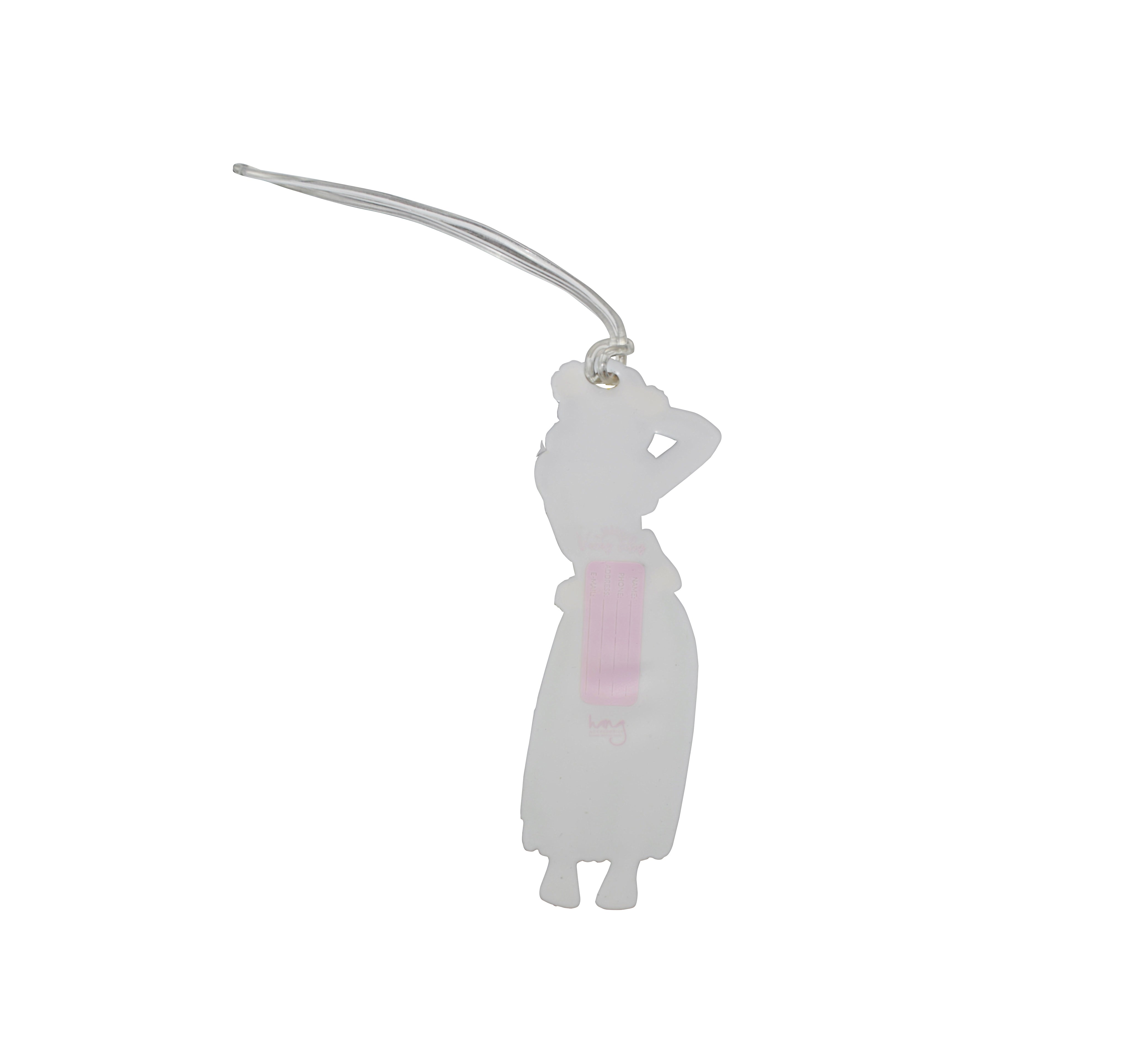 Back of hula dancer silicone luggage tag with traveler contact information label