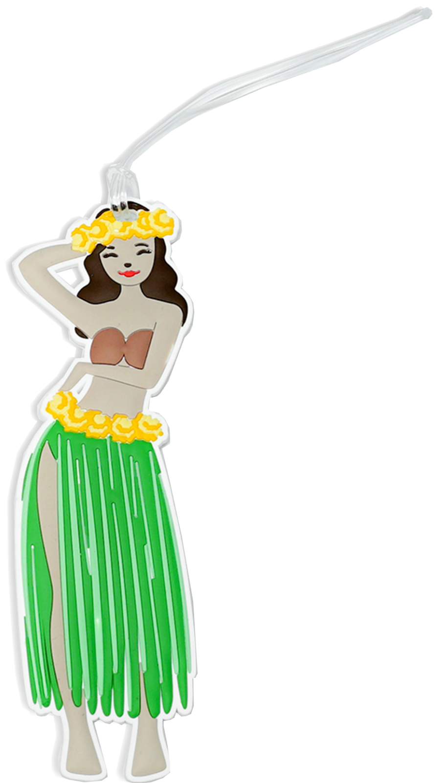 Hula dancer silicone luggage tag with green grass skirt, yellow flower lei, and clear attachment loop