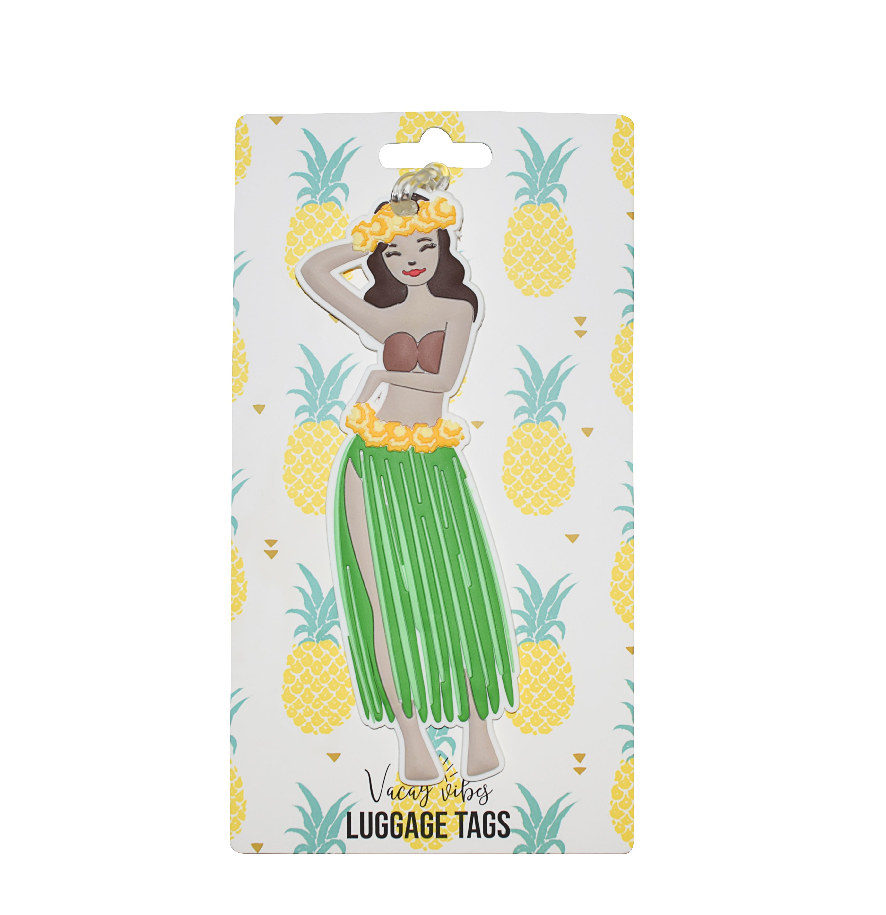 Hula dancer silicone luggage tag displayed on Vacay Vibes retail packaging