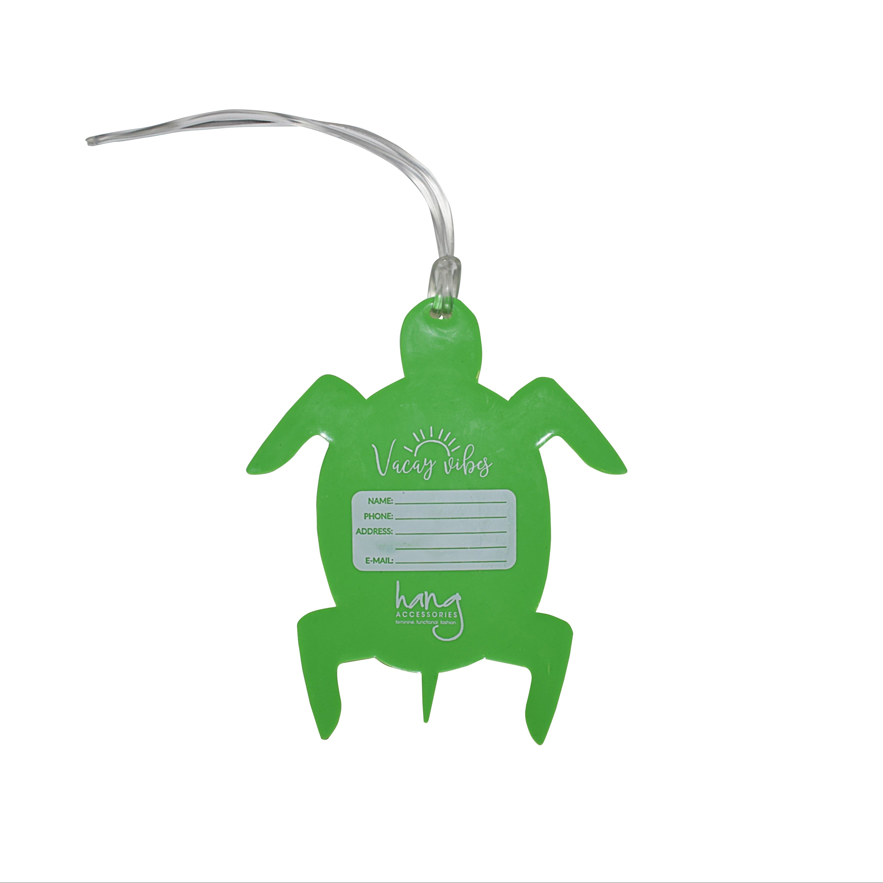 Back of green sea turtle silicone luggage tag with traveler contact information label