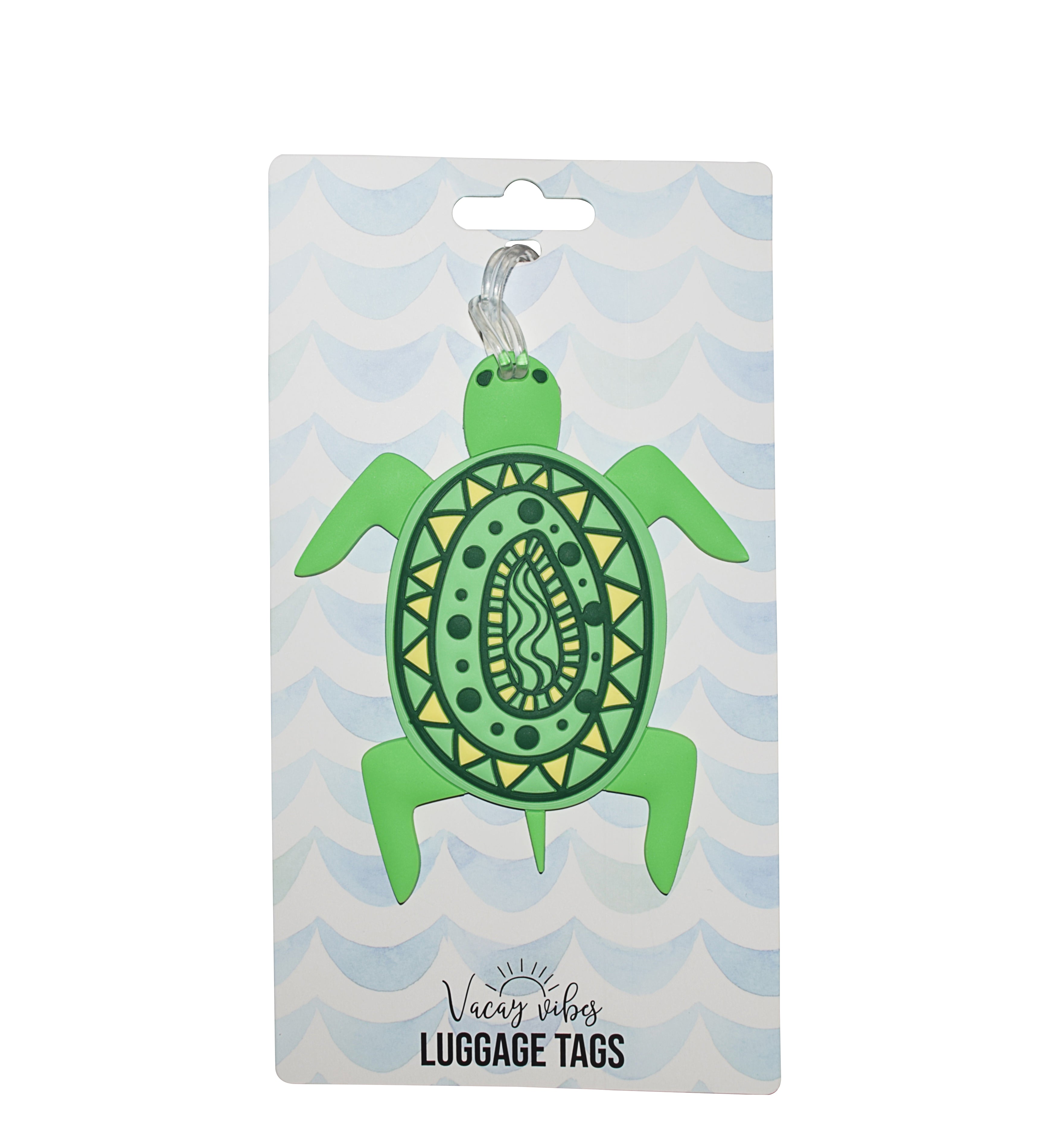 Green sea turtle silicone luggage tag displayed on Vacay Vibes retail packaging