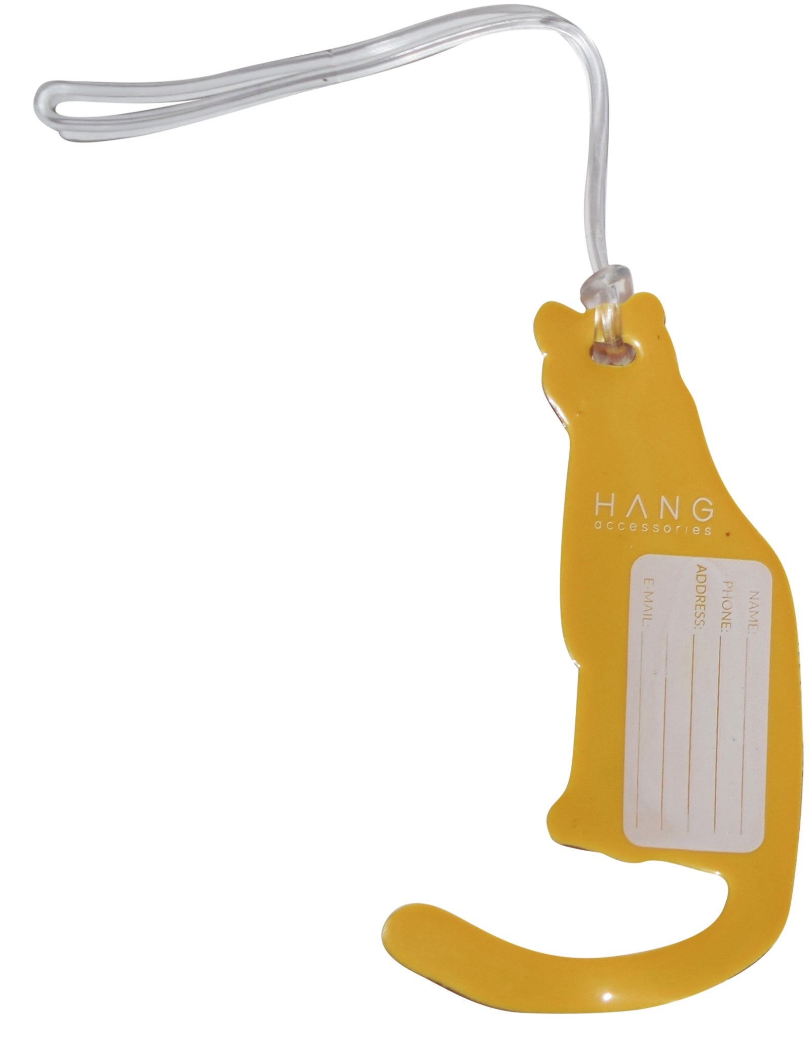 Back of cheetah-shaped silicone luggage tag with traveler contact information label