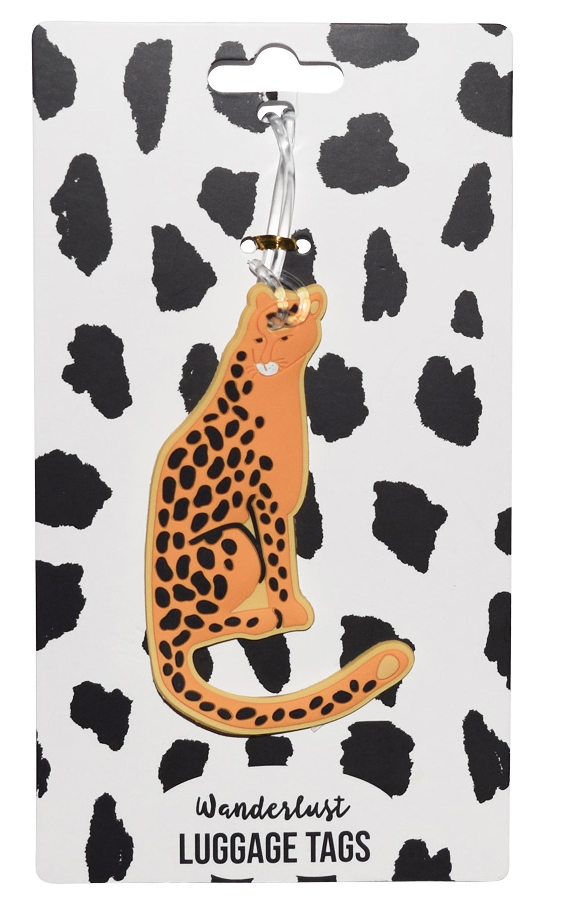 Orange cheetah-shaped silicone luggage tag displayed on Wanderlust retail packaging