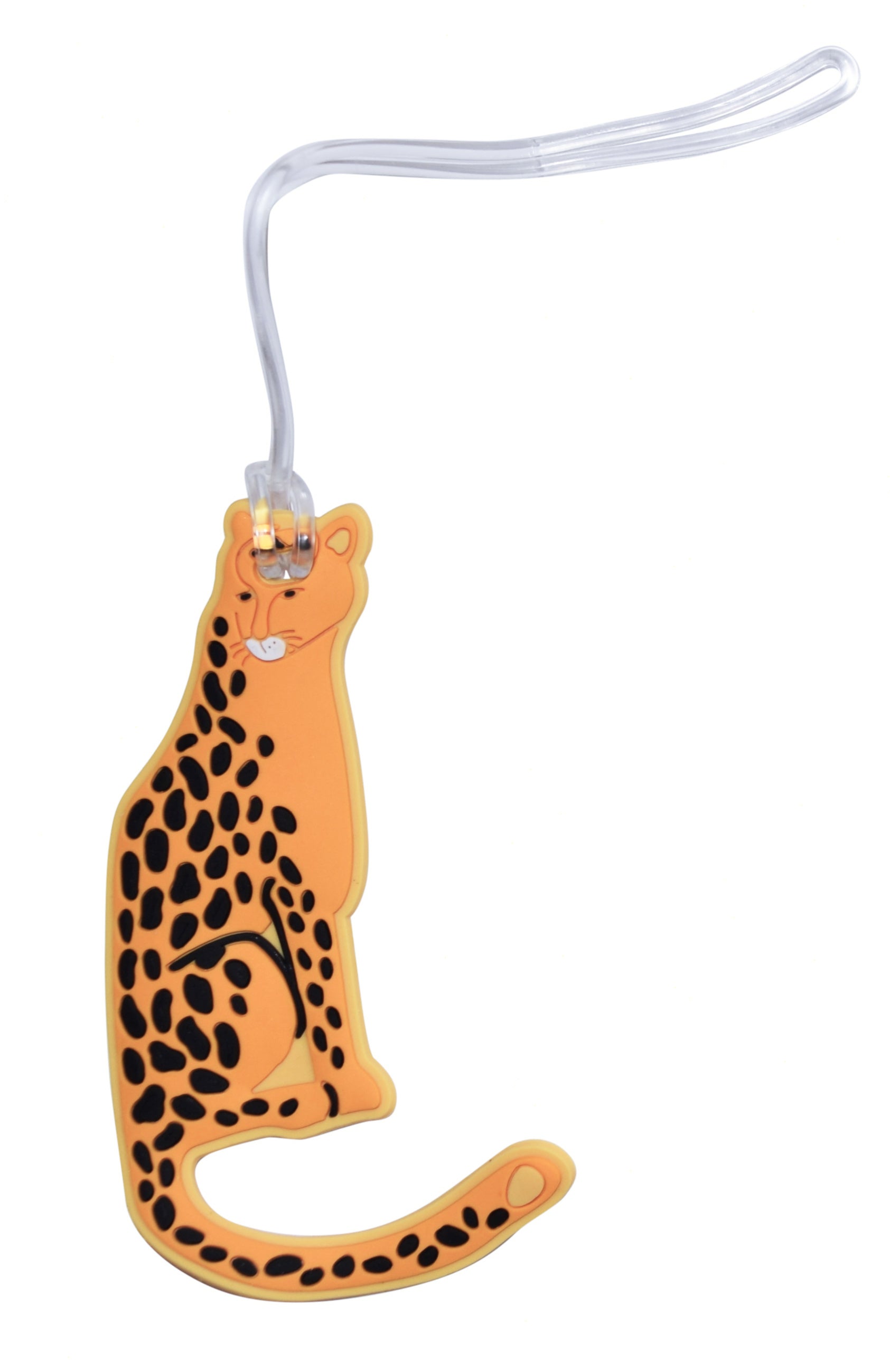Orange cheetah-shaped silicone luggage tag with black spots and clear attachment loop
