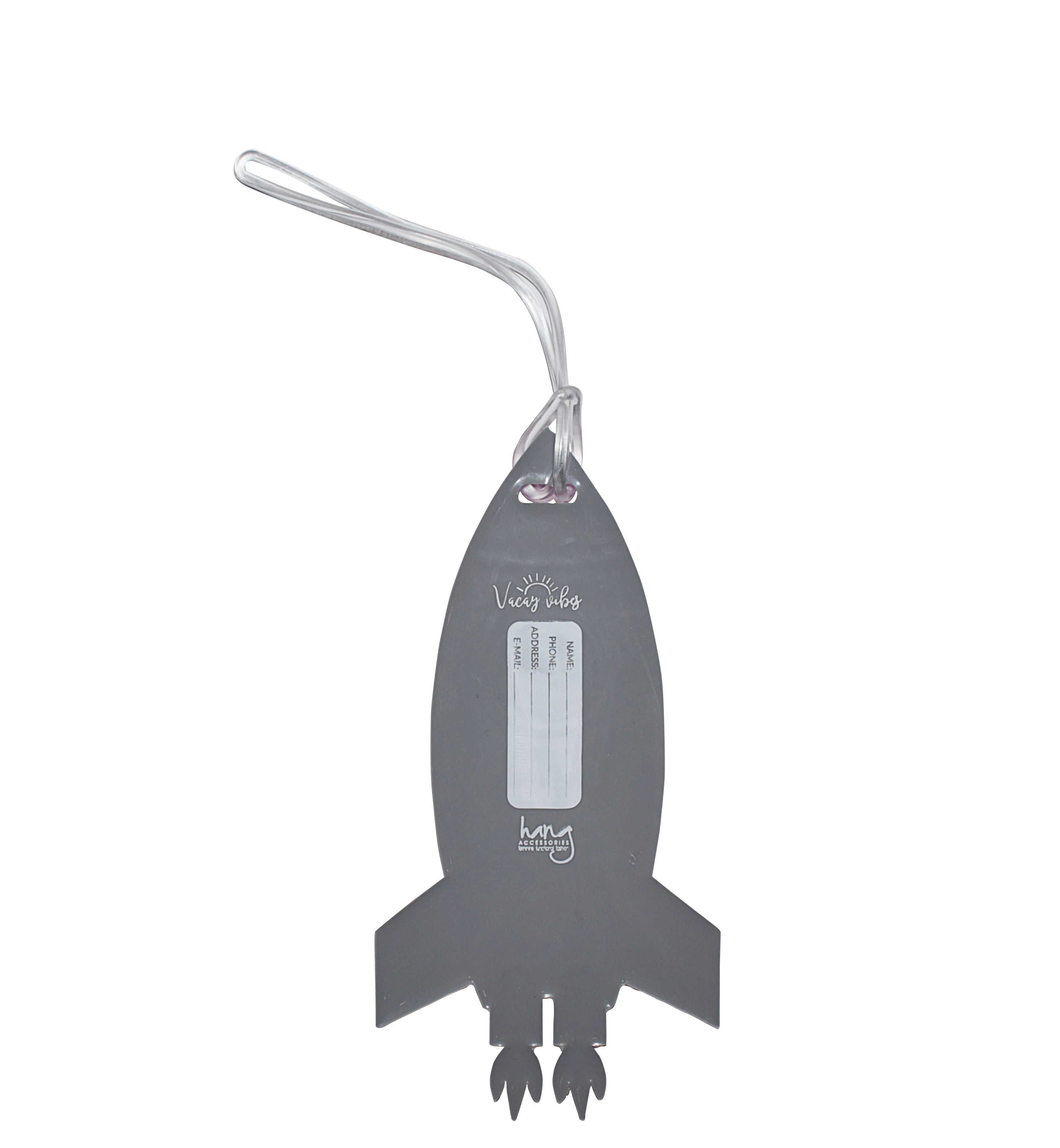 Back of gray rocket silicone luggage tag with traveler contact information label