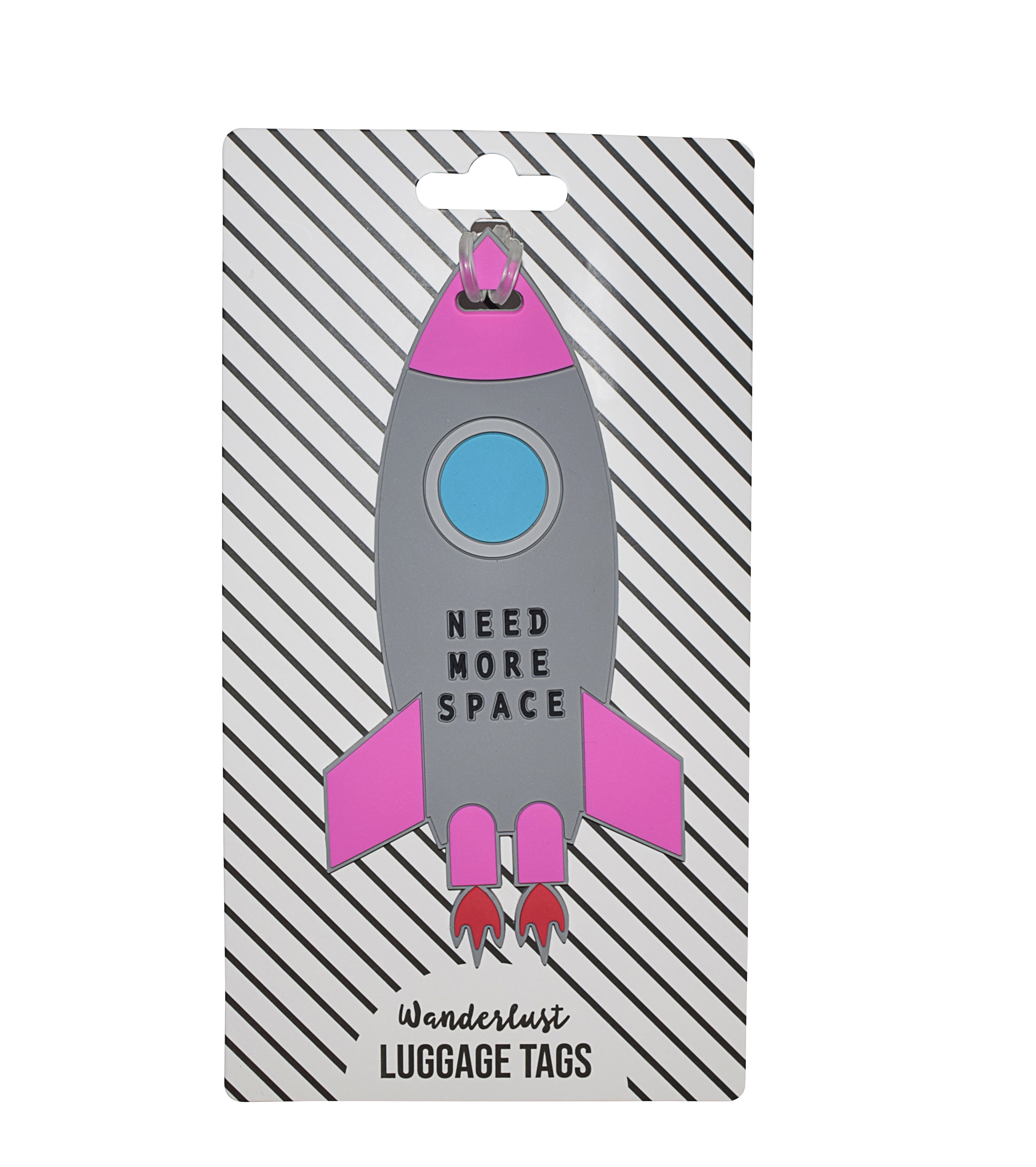 Gray and pink rocket silicone luggage tag displayed on Wanderlust retail packaging