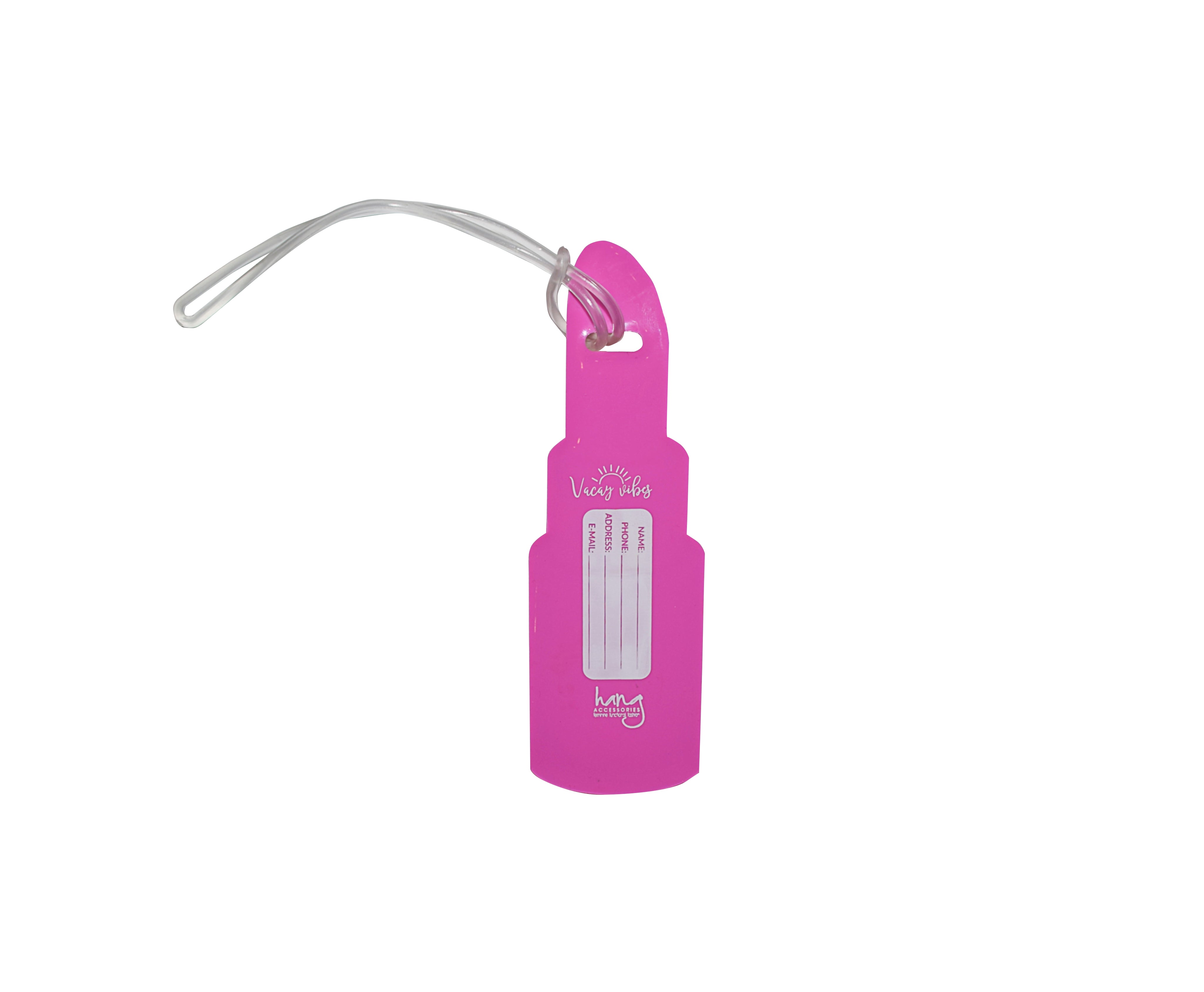 Back of pink lipstick-shaped silicone luggage tag with traveler contact information card
