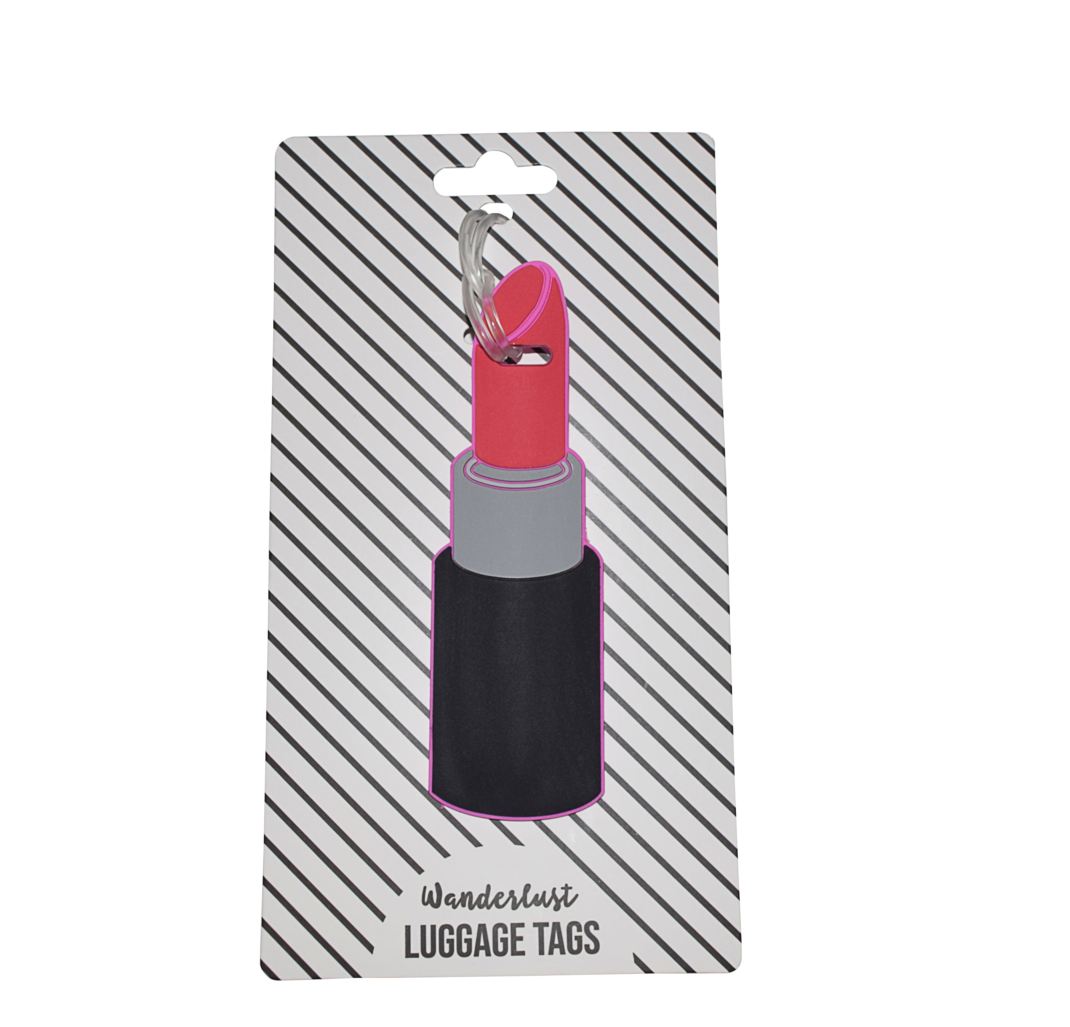 Pink lipstick-shaped silicone luggage tag displayed on Wanderlust retail packaging