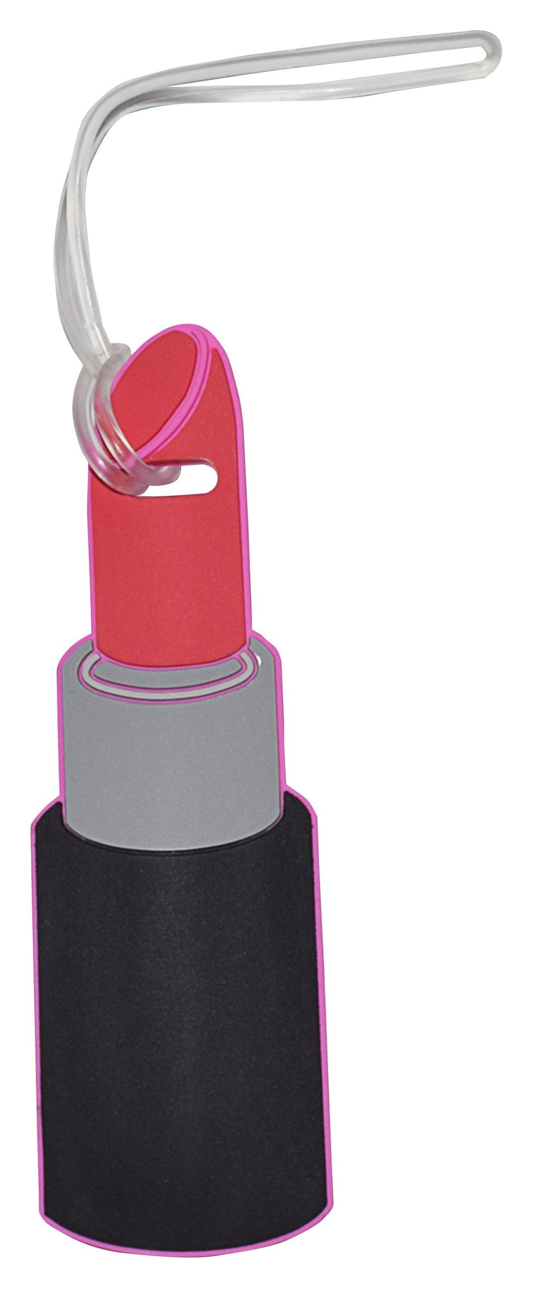 Pink lipstick-shaped silicone luggage tag with black case and clear attachment loop