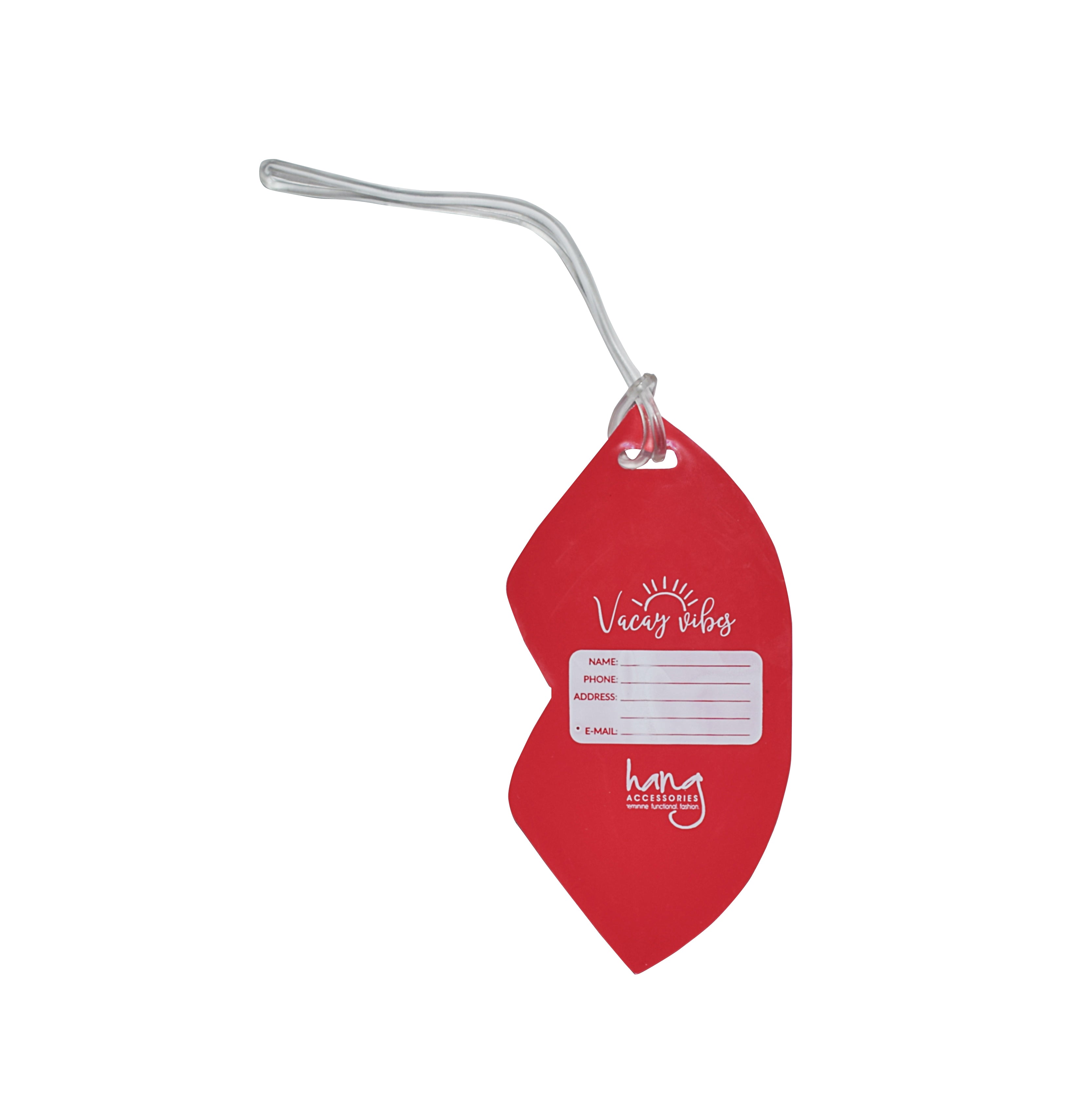 Back of red lips-shaped silicone luggage tag with traveler contact information card