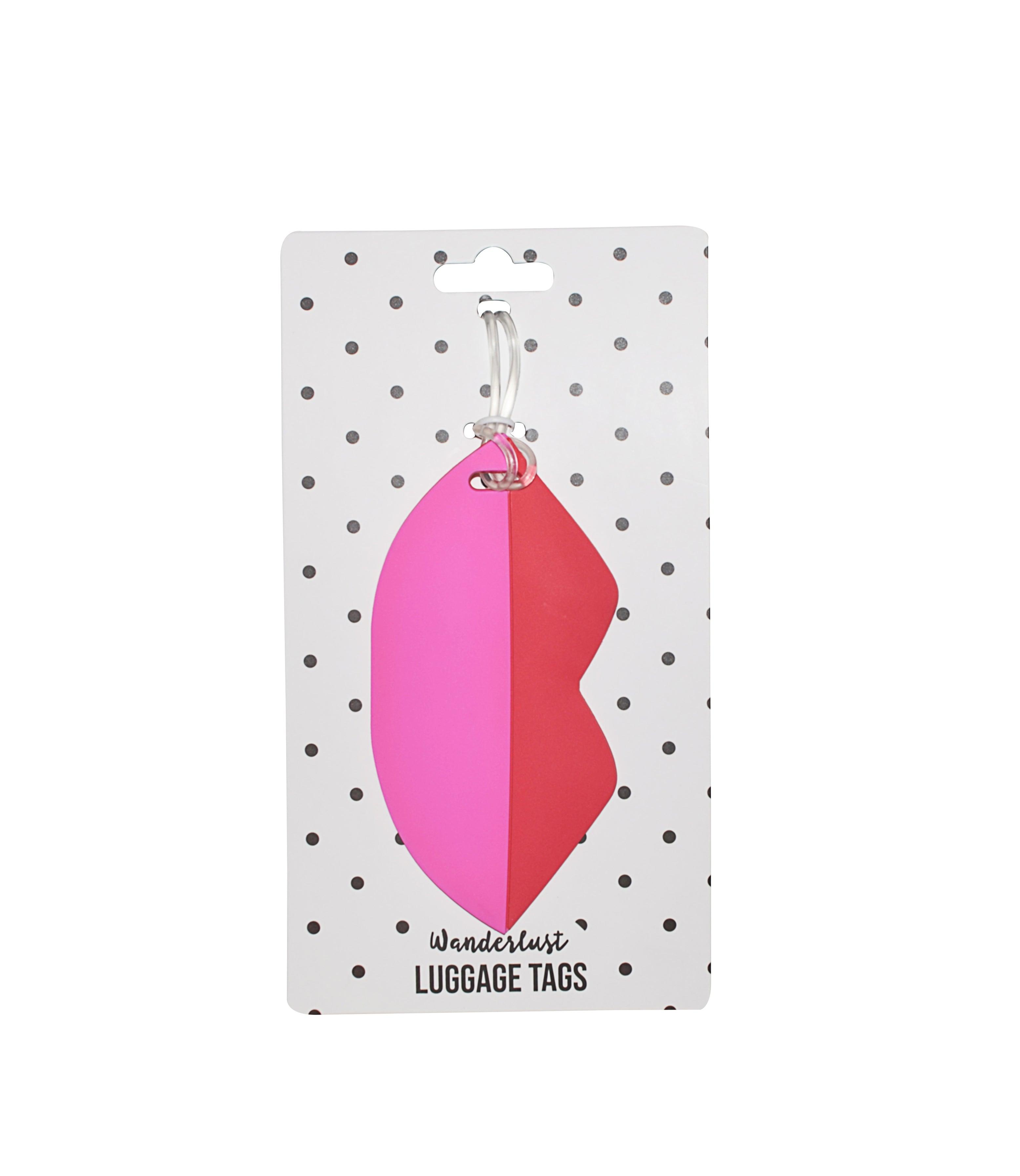 Pink and red lips-shaped silicone luggage tag displayed on Wanderlust retail packaging