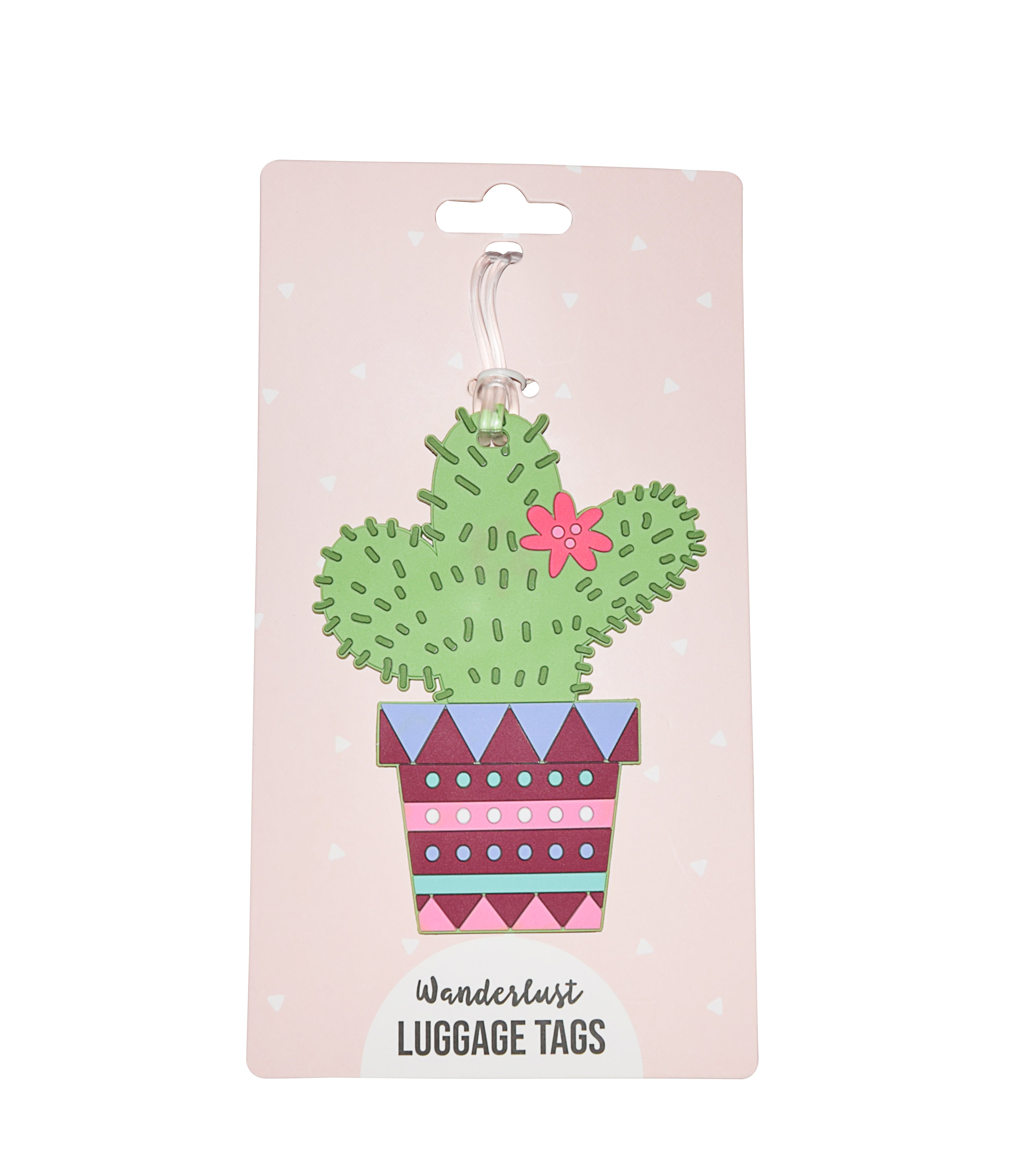 Green potted cactus silicone luggage tag displayed on Wanderlust retail packaging