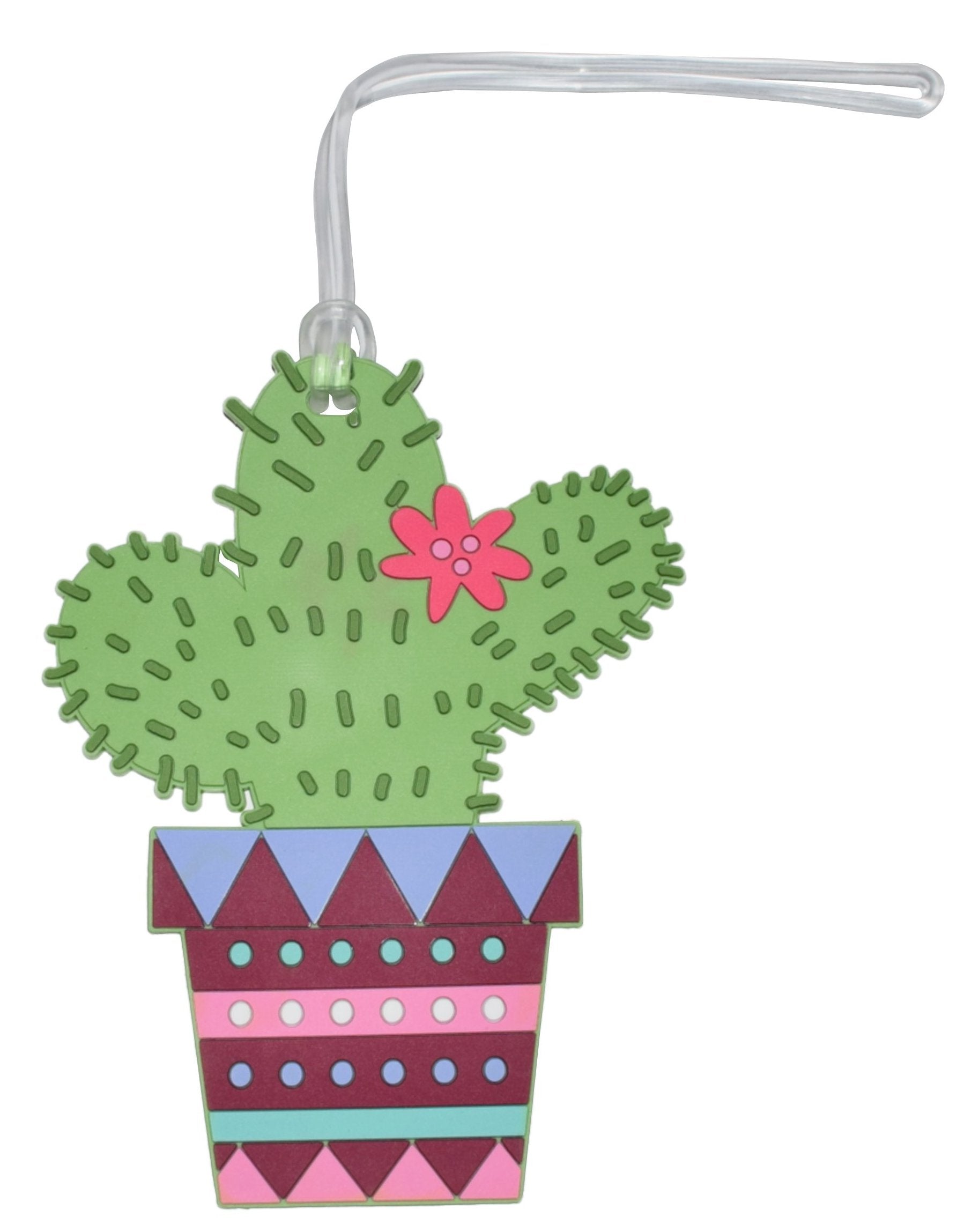 Green cactus silicone luggage tag with pink flower, patterned pot, and clear attachment loop