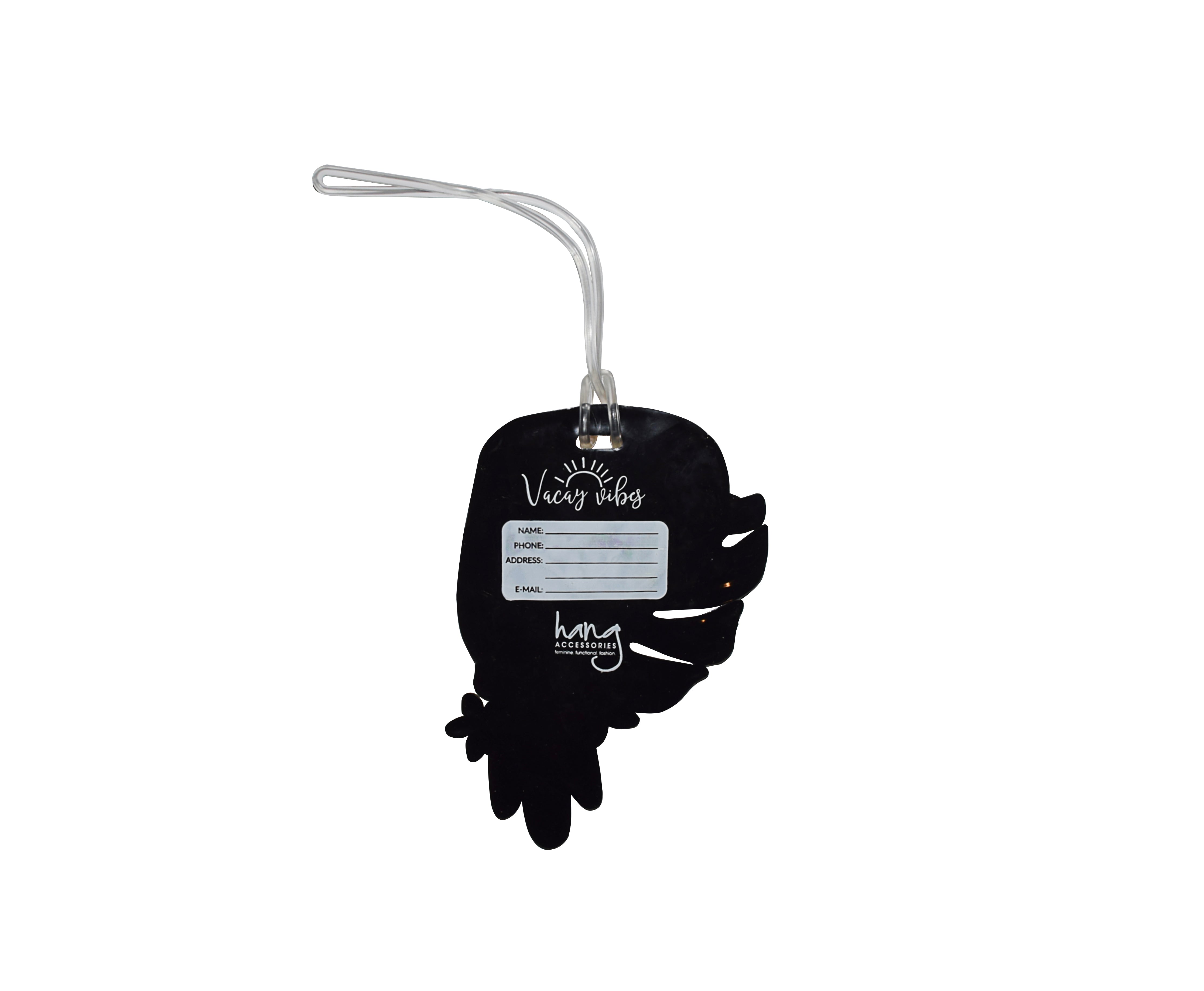 Back of toucan-shaped silicone luggage tag with traveler contact information label