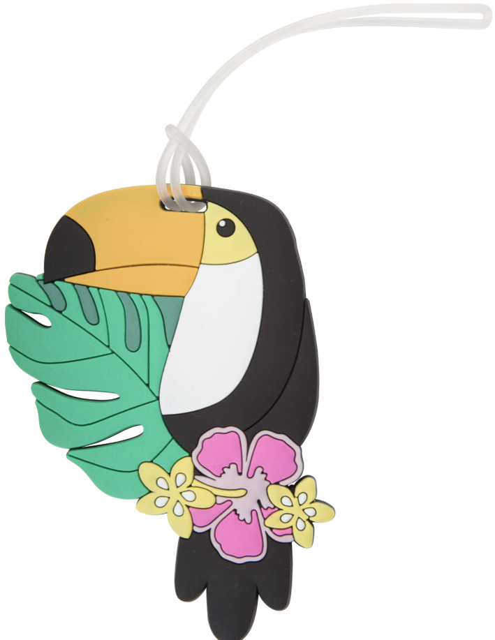 Tropical toucan silicone luggage tag with green leaf, colorful flowers, and clear attachment loop