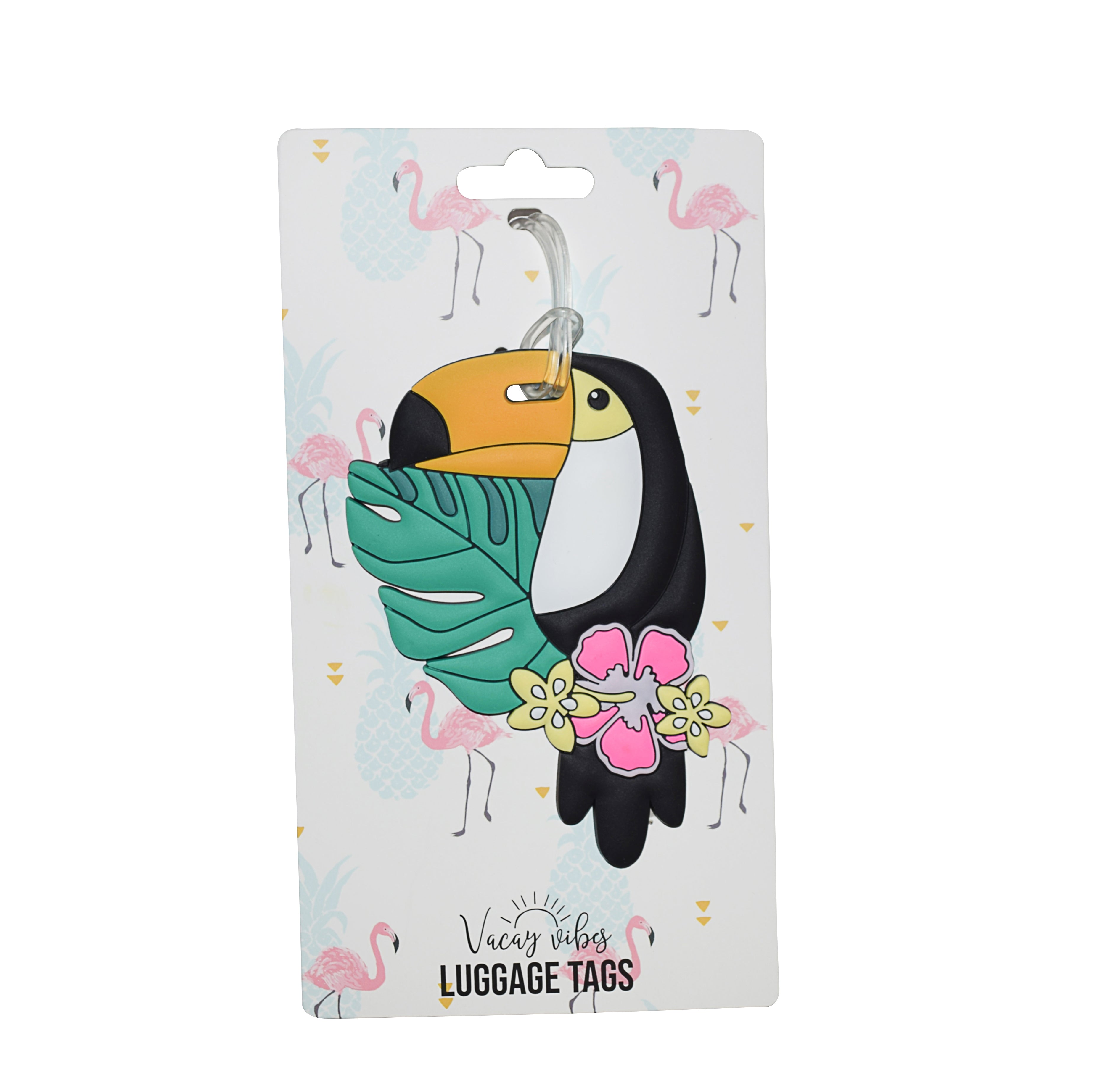 Tropical toucan silicone luggage tag displayed on Vacay Vibes retail packaging