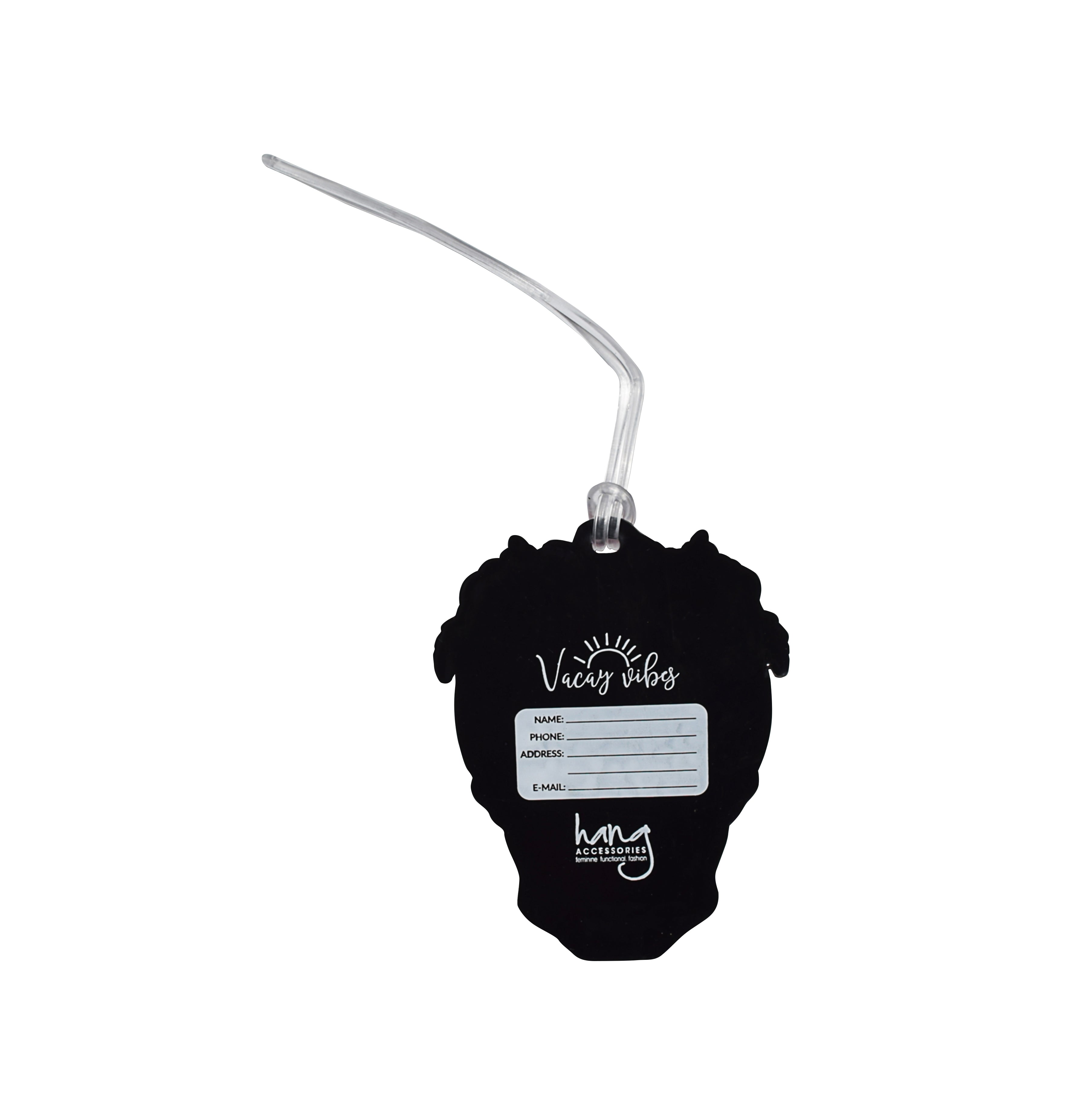 Back of sugar skull luggage tag with name, phone, address, and email identification card