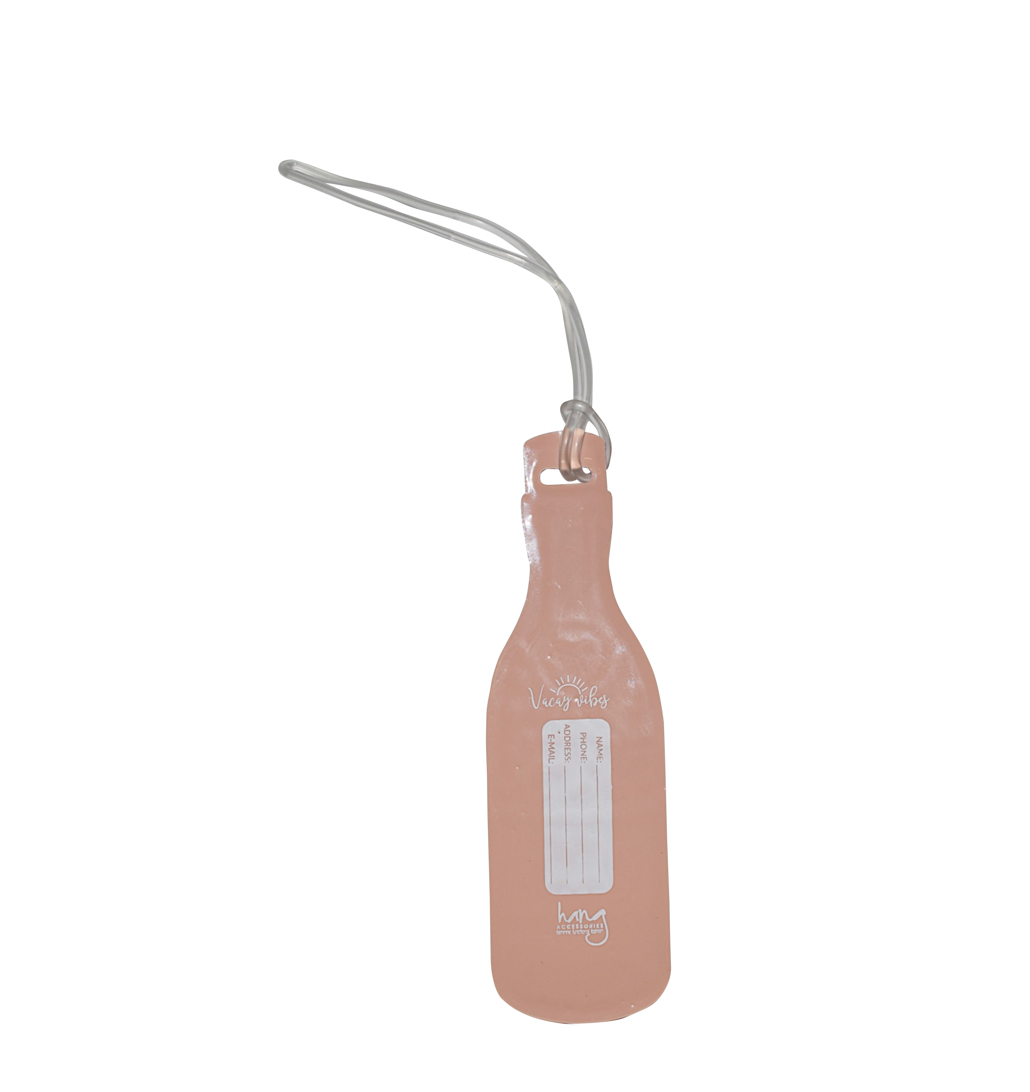 Back of rosé wine bottle luggage tag with traveler contact information card