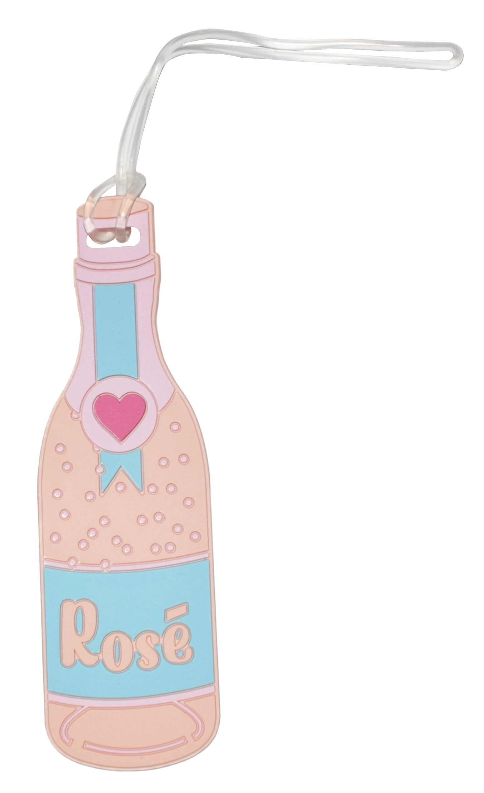 Rosé wine bottle silicone luggage tag in blush pink and blue with a clear attachment loop