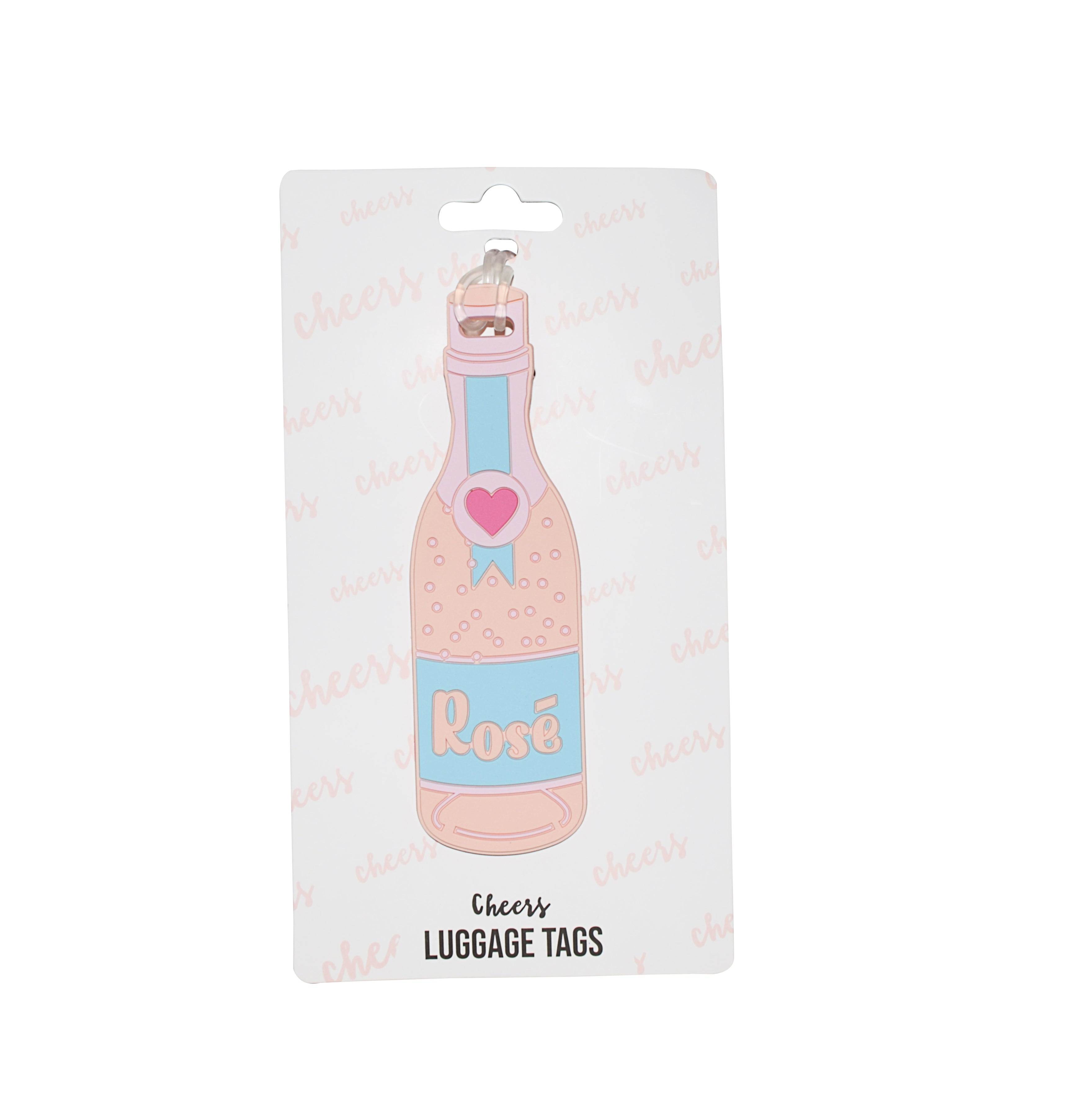 Rosé wine bottle silicone luggage tag displayed on Cheers retail packaging