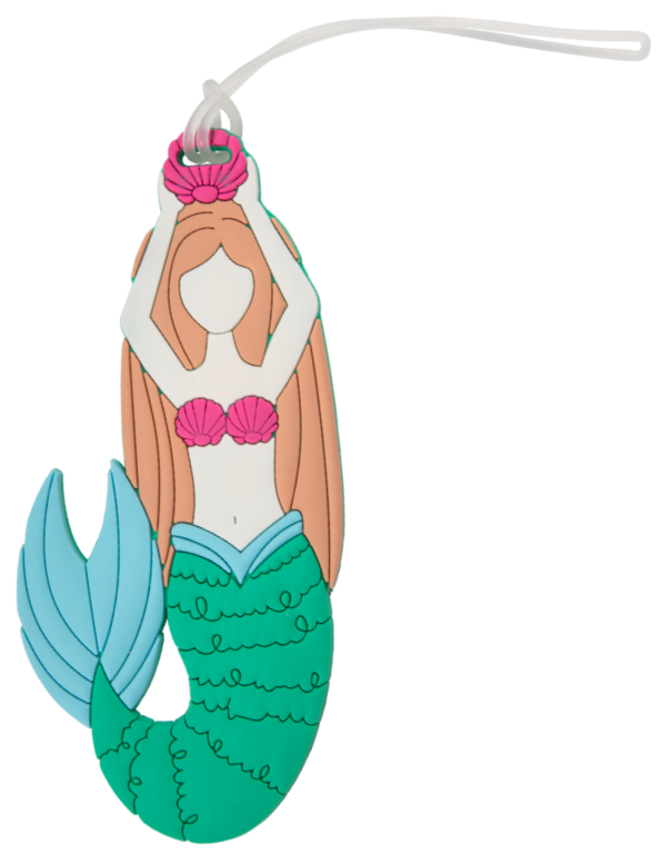 Mermaid silicone luggage tag with green tail, pink seashell top, and clear attachment loop