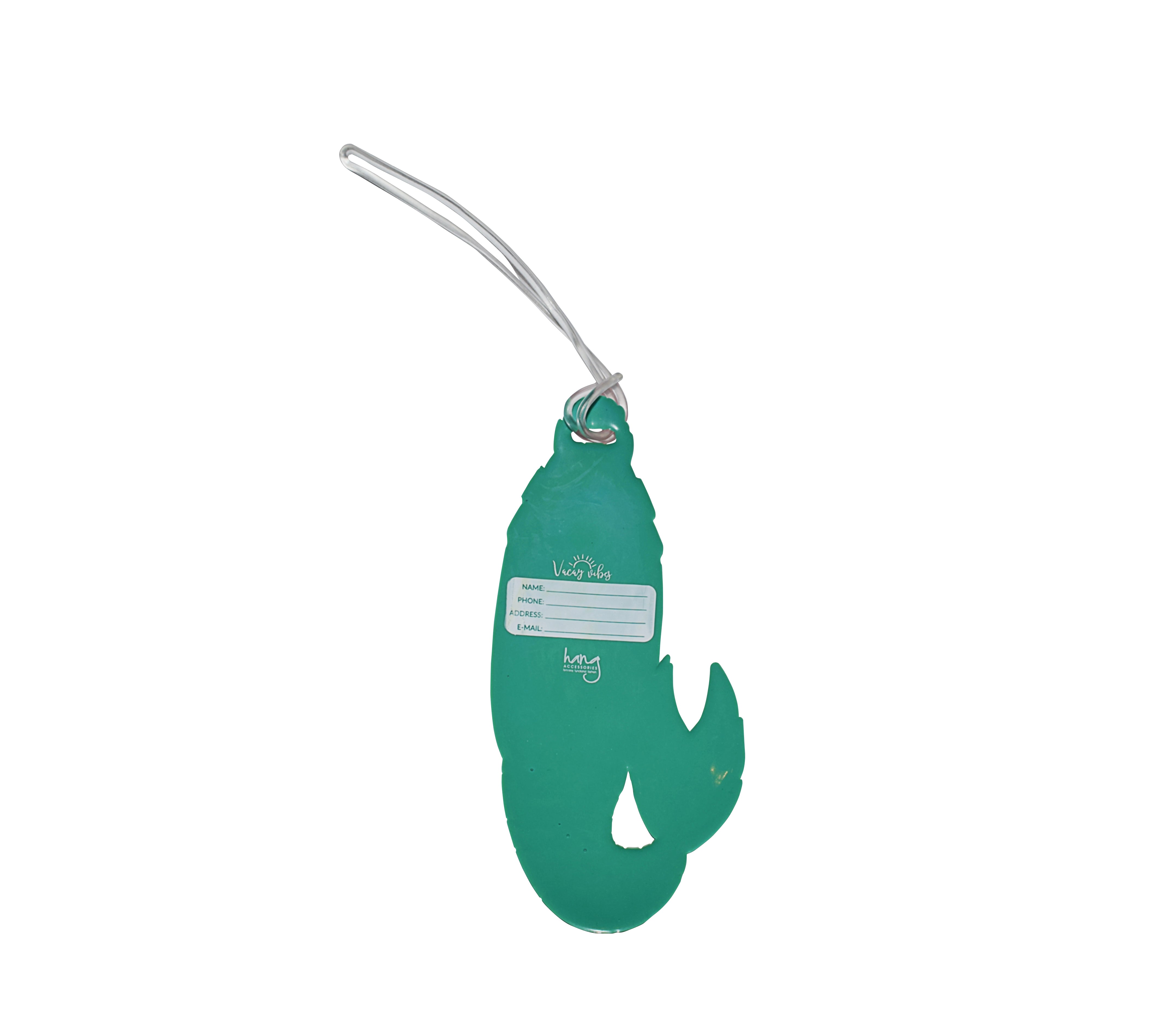 Back of green mermaid silicone luggage tag with traveler contact information label