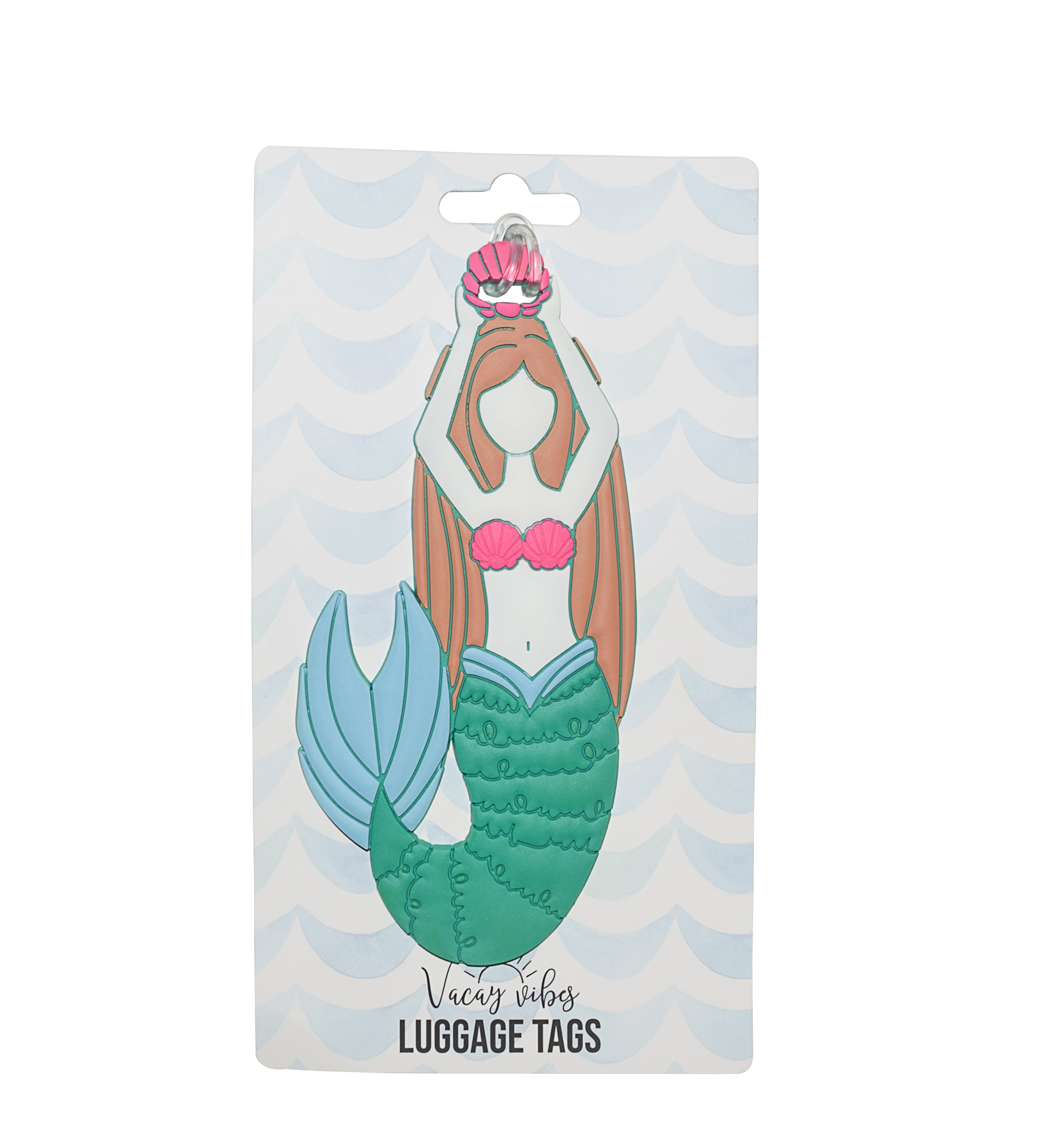 Green mermaid silicone luggage tag displayed on Vacay Vibes retail packaging