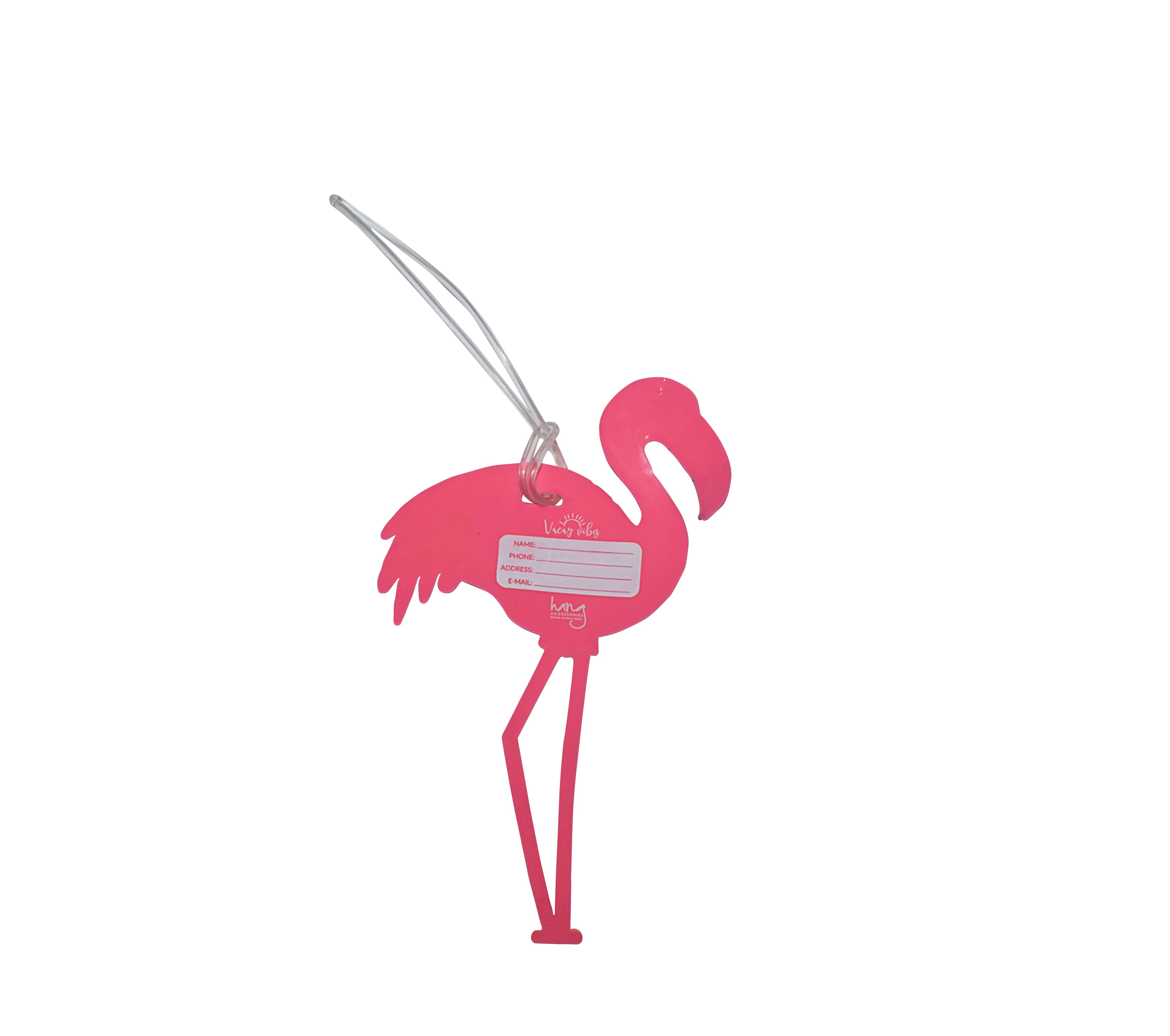 Back of pink flamingo silicone luggage tag with traveler contact information label