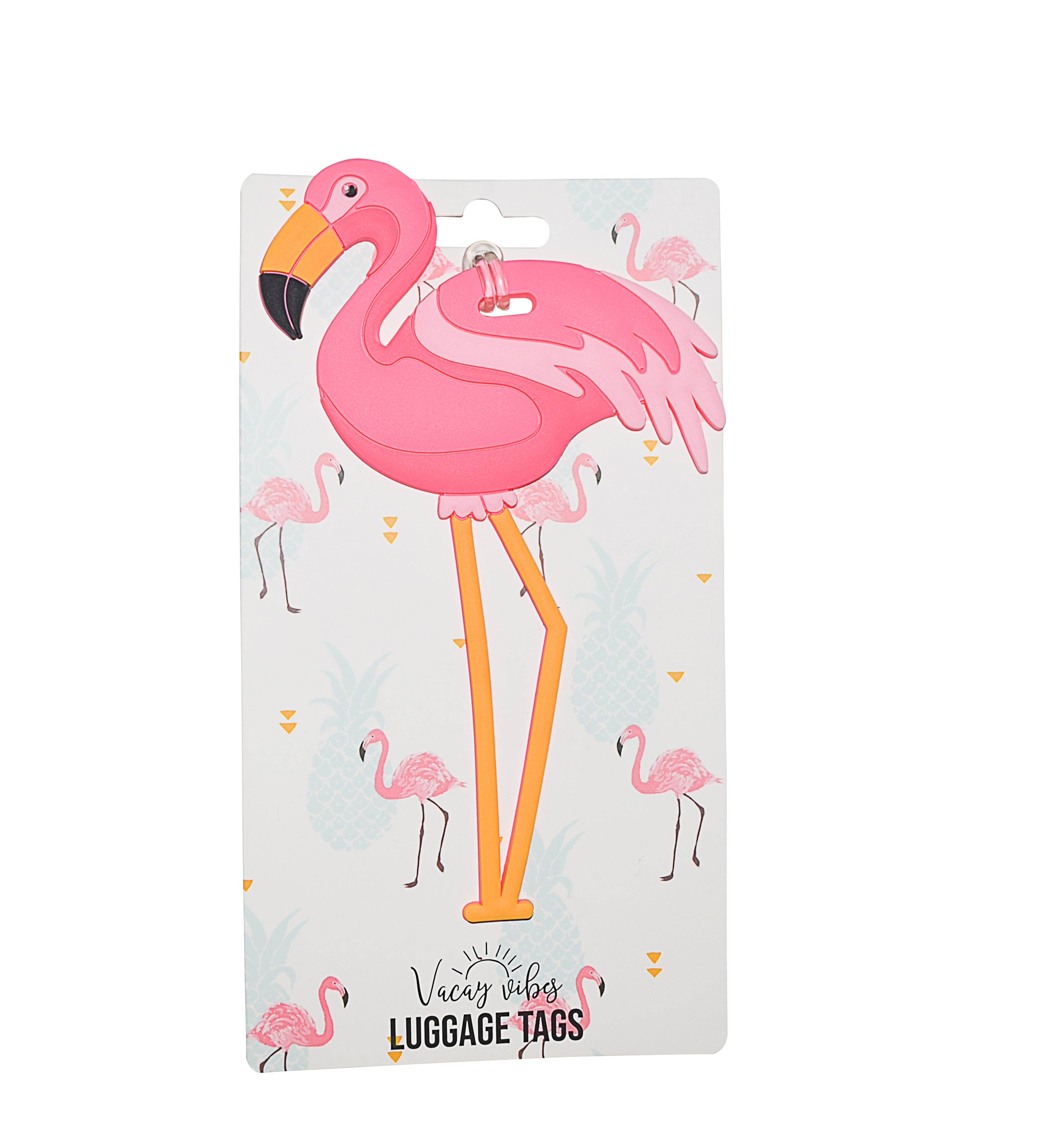 Pink flamingo silicone luggage tag displayed on Vacay Vibes retail packaging